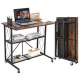 Garvee Scrivania Pieghevole 3 Ripiani con Ruote, Struttura in Metallo, Tavolo Pieghevole 80 cm Nero, Organizer per Studio e Cucina - Brown