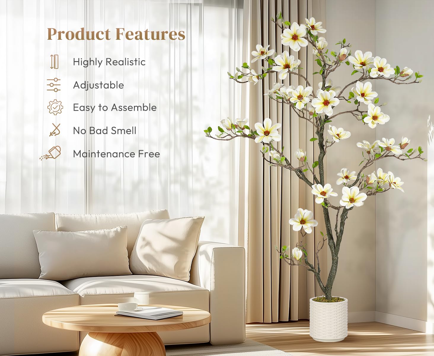 Albero di magnolia artificiale Garvee da 6 piedi, bianco, con rami regolabili, per uso interno ed esterno, struttura in metallo, base stabile