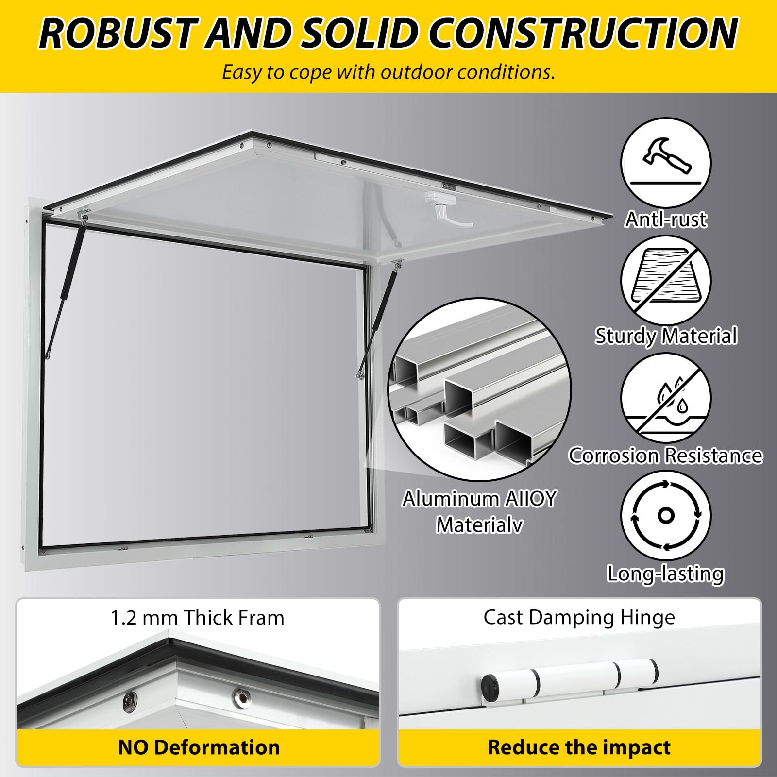 Finestra per concessioni Garvey con tenda da sole, telaio in alluminio, doppia chiusura a forcella, aste di sollevamento idrauliche, resistente alle intemperie, finestra per food truck, 48"x36"