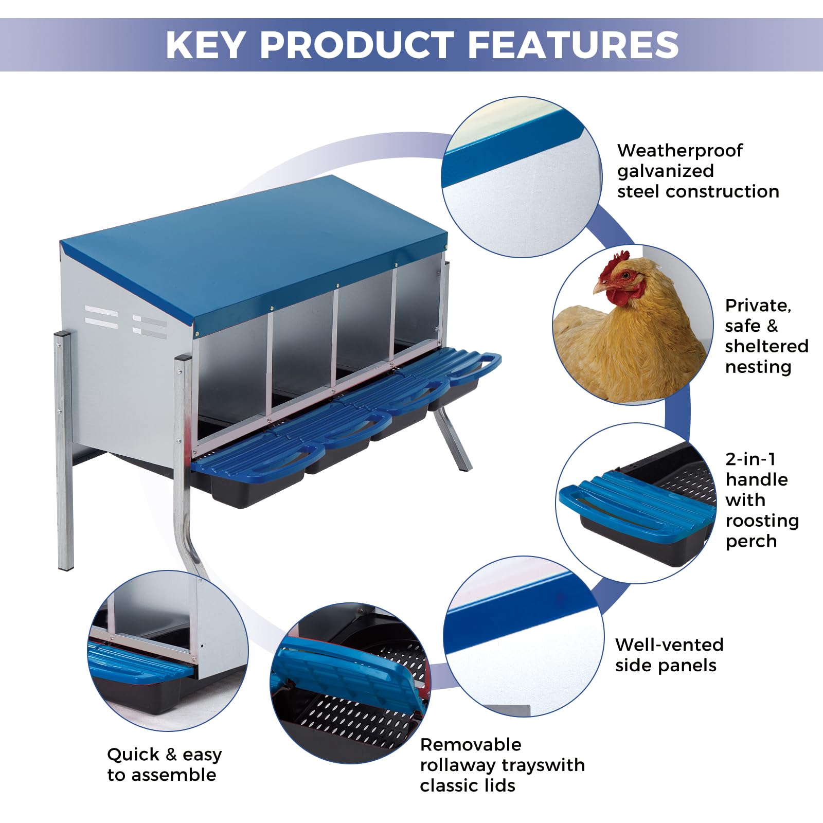 Nido per galline Garvee a 3 fori, in metallo, antiruggine, con vassoio rimovibile per fattoria e giardino, robusto, facile da montare