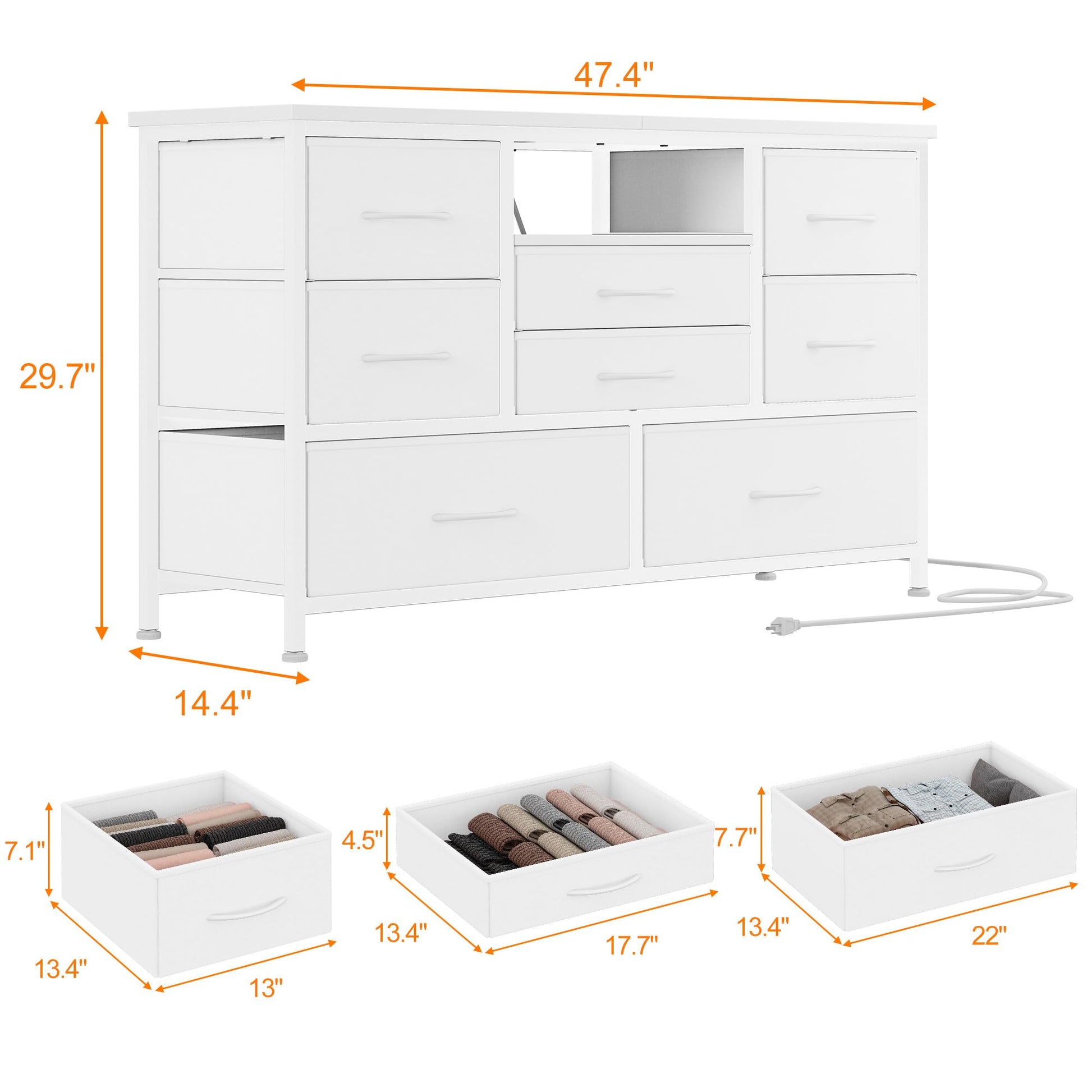 Mobile TV Garvee a 8 cassetti con illuminazione a LED e presa di corrente per soggiorno e camera da letto, bianco, ampio spazio di archiviazione