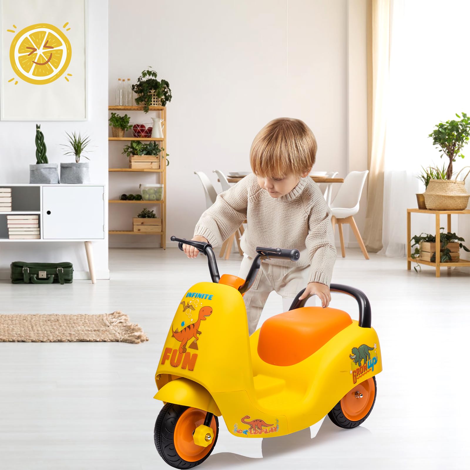 Moto elettrica per bambini Garvee 6V gialla con musica e 3 ruote per una guida sicura a partire dai 3 anni, sia in casa che all'aperto.