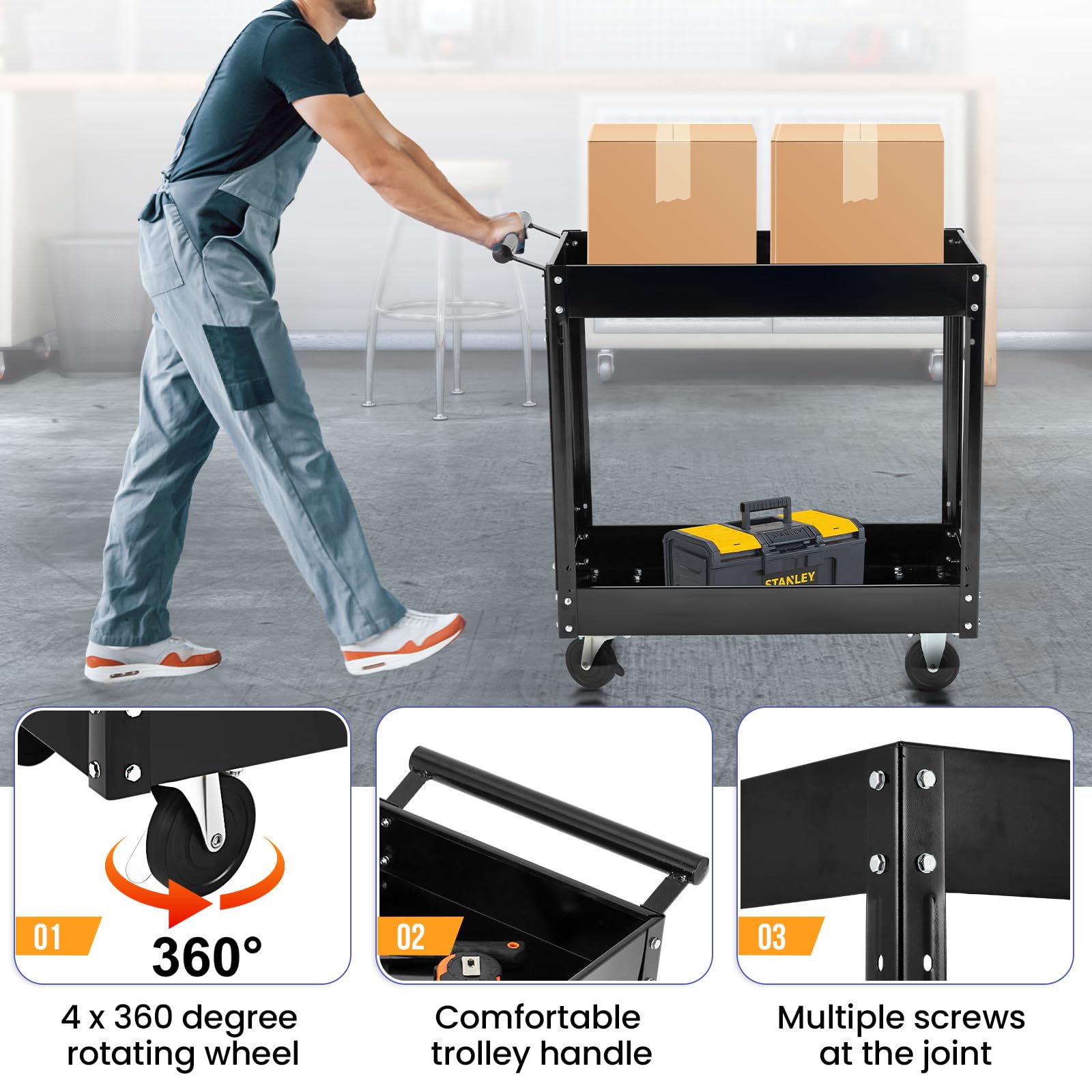 Carrello portautensili in metallo Garvee a 2 ripiani in acciaio: robusto carrello da officina per garage, industria e artigianato con due livelli e elevata capacità di carico.