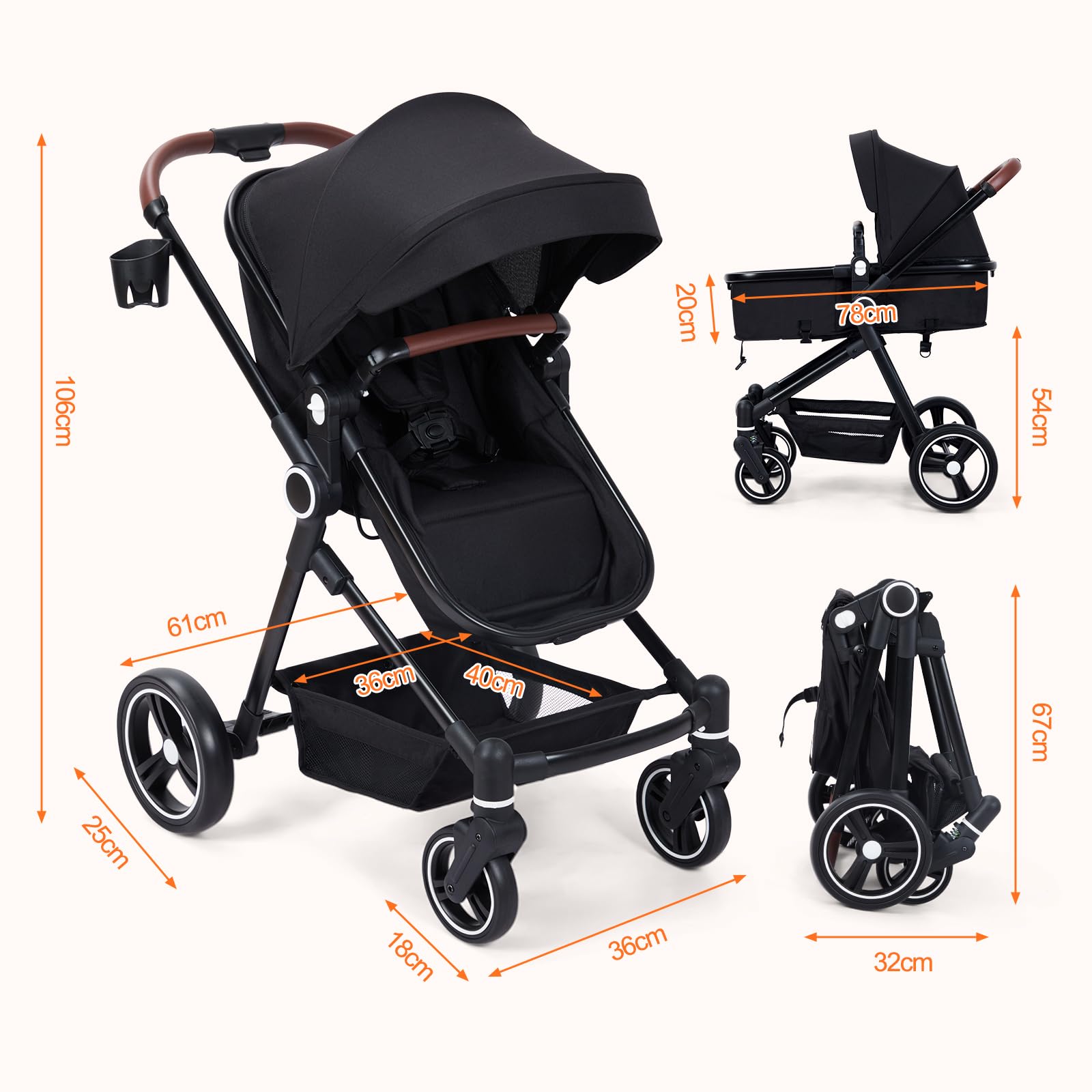 Garvee Cochecito Baby 2 en 1 Ultracompactta Ligero Reversible Aluminio Negro Para Recién Nacido Hasta 3 Años Paseos Urbanos