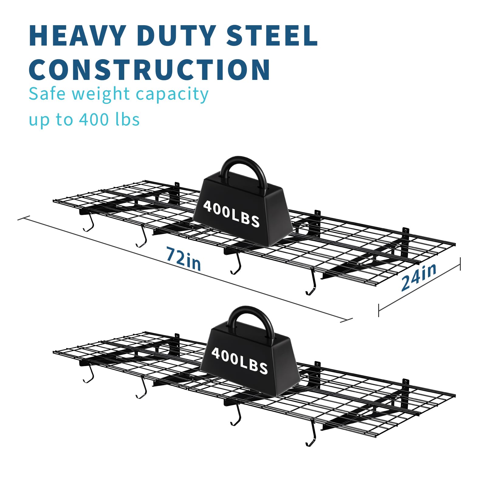 Scaffali da parete per garage in acciaio per impieghi gravosi Garvee 6x2 piedi, capacità di carico di 400 libbre, antiscivolo, modulari, con ganci, neri, set di 2, officina e garage