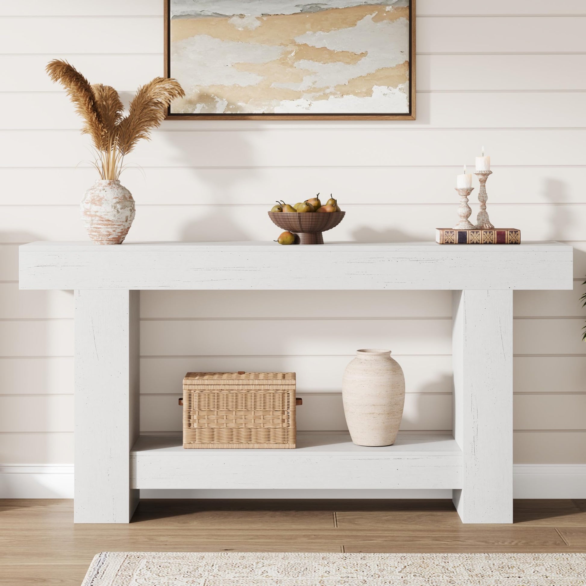 Tavolo consolle Garvee da 63" per corridoio con 2 ripiani, legno robusto, stile rustico, rettangolare, versatile per soggiorno e ingresso