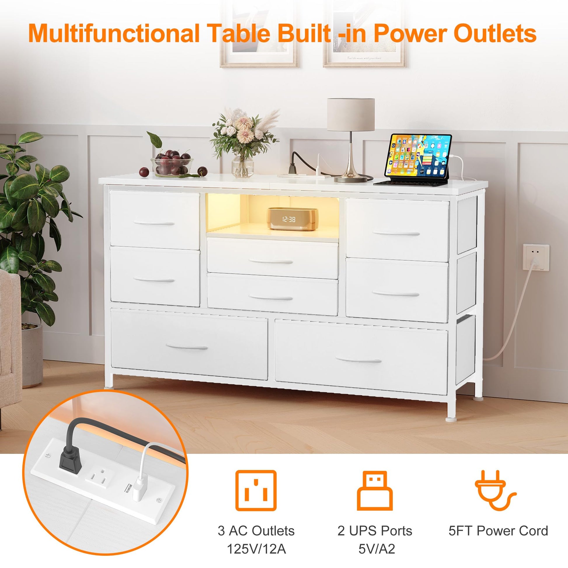 Mobile TV Garvee a 8 cassetti con illuminazione a LED e presa di corrente per soggiorno e camera da letto, bianco, ampio spazio di archiviazione