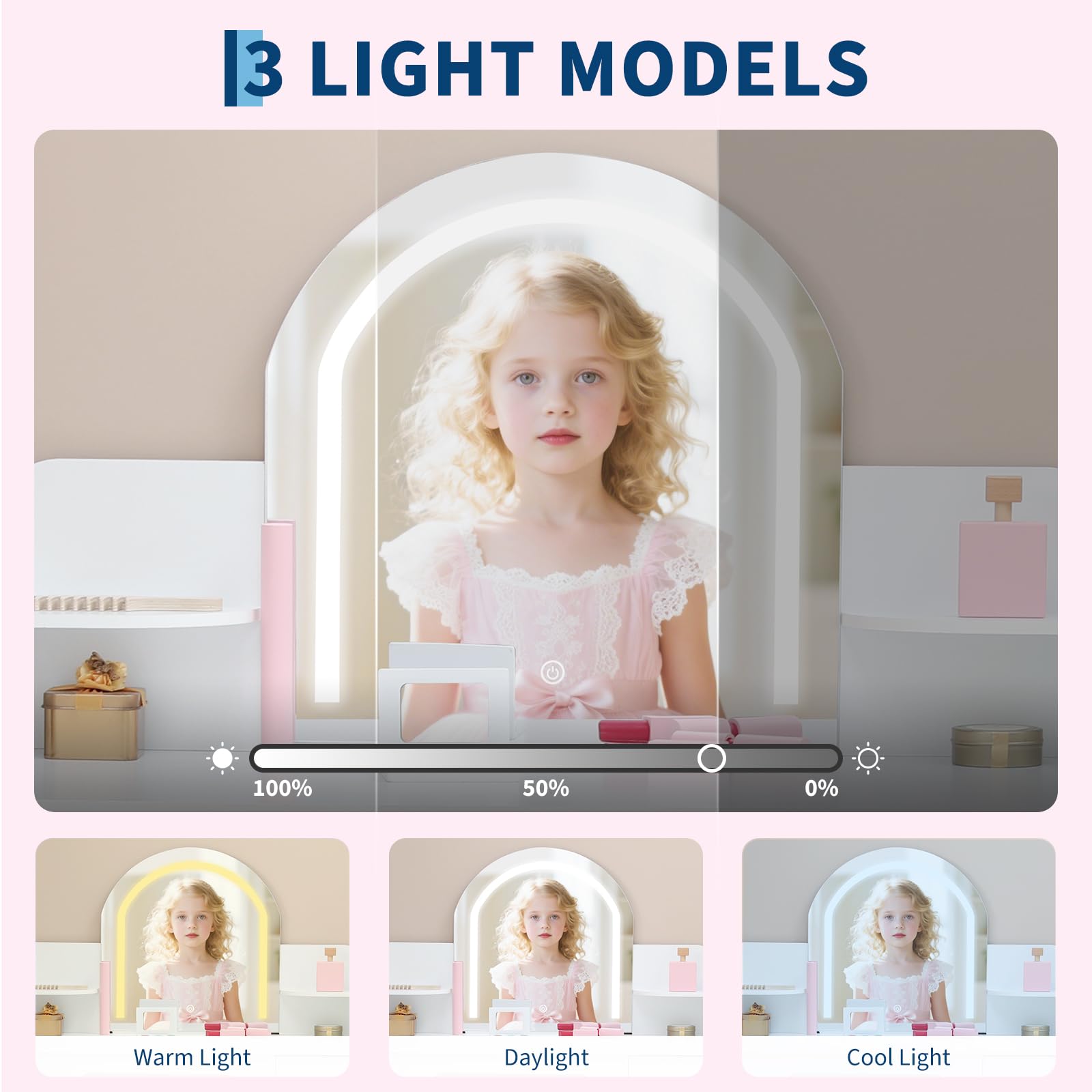 Tavolo da toeletta per bambini Garvee con luce LED e sgabello, regolabile, MDF, bianco, per bambine dai 3 ai 9 anni, sala giochi e camera da letto