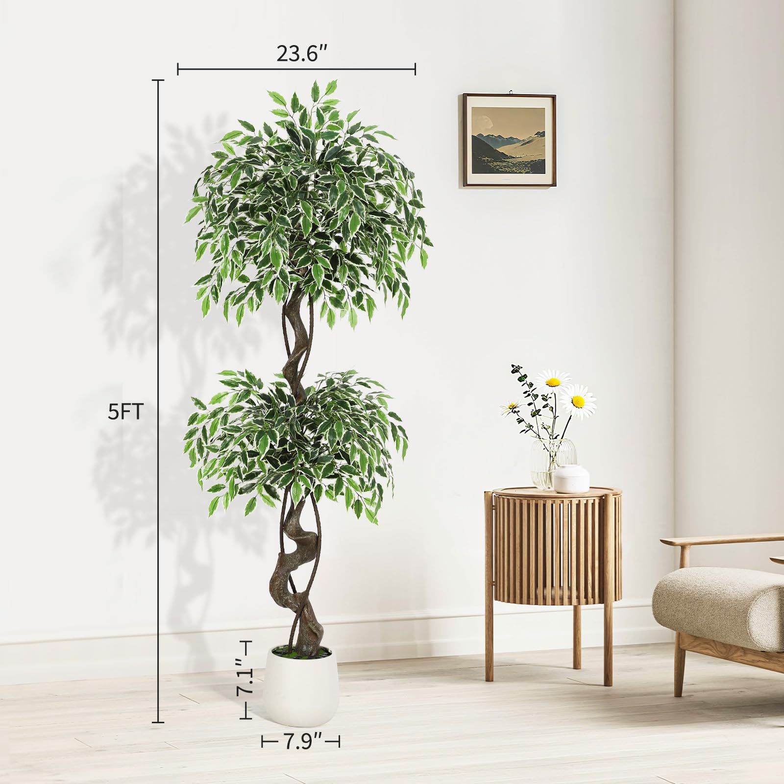 Albero di ficus artificiale Garvee da 5 piedi con oltre 1100 foglie di seta, vaso in ceramica RESISTANT, muschio e ciottoli per ufficio e soggiorno, verde realistico