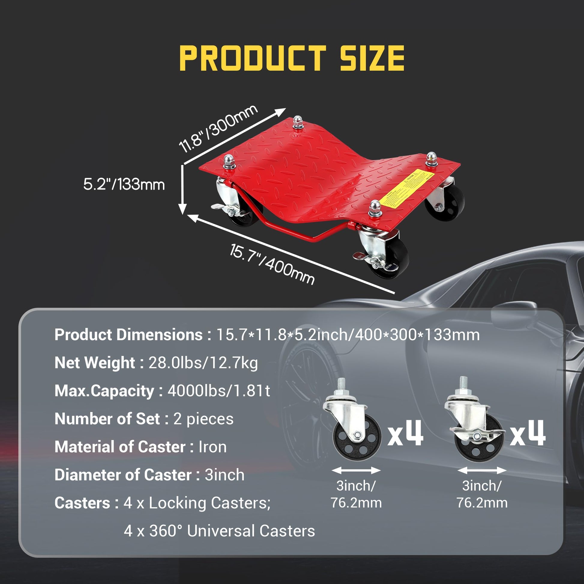 Garvee Car Dolly Set 2x 4000 LBS Capacità Ruote in acciaio per impieghi gravosi da 3" con protezioni per pneumatici per auto SUV Officina