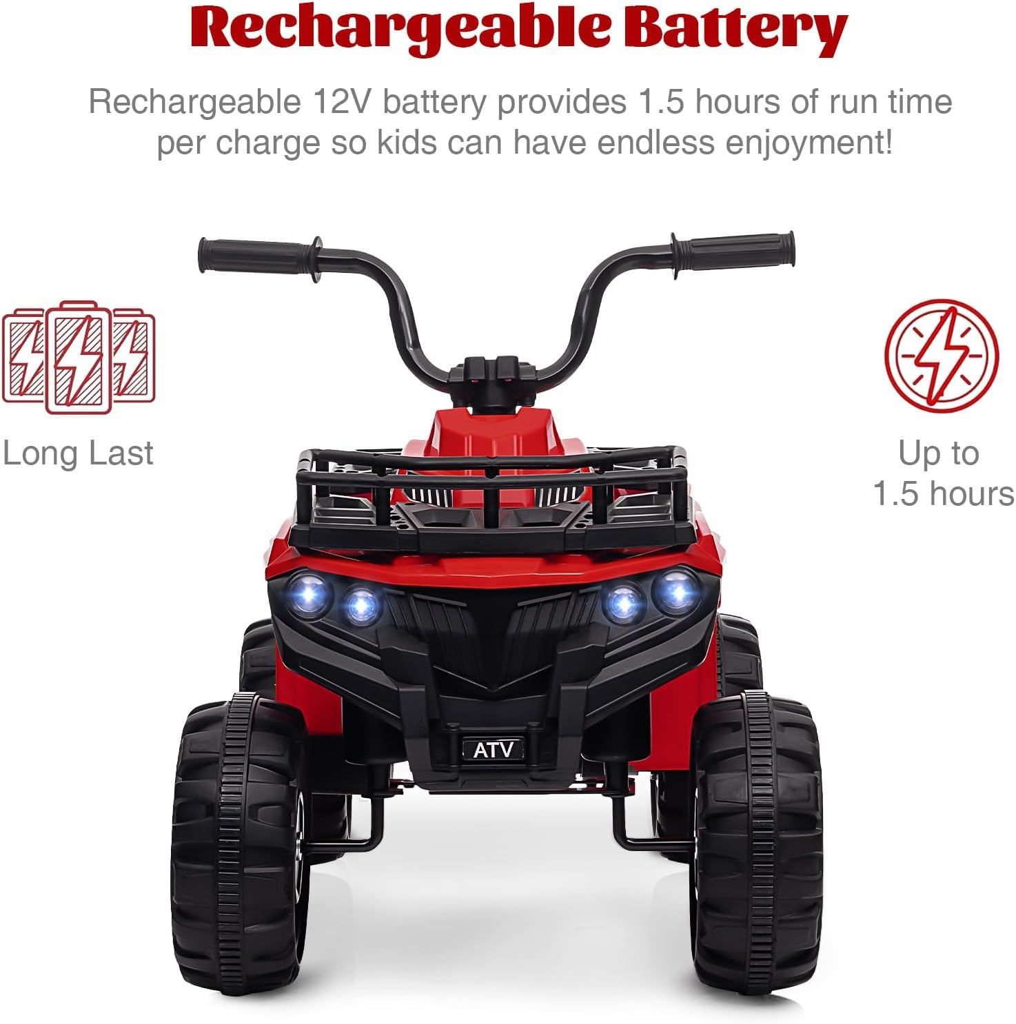 Quad elettrico Garvee 12V per bambini dai 2 ai 5 anni, auto giocattolo elettrica ATV con luci a LED, musica, design antiurto, giocattolo robusto per esterni, controllo sicuro della velocità, batteria da 12V
