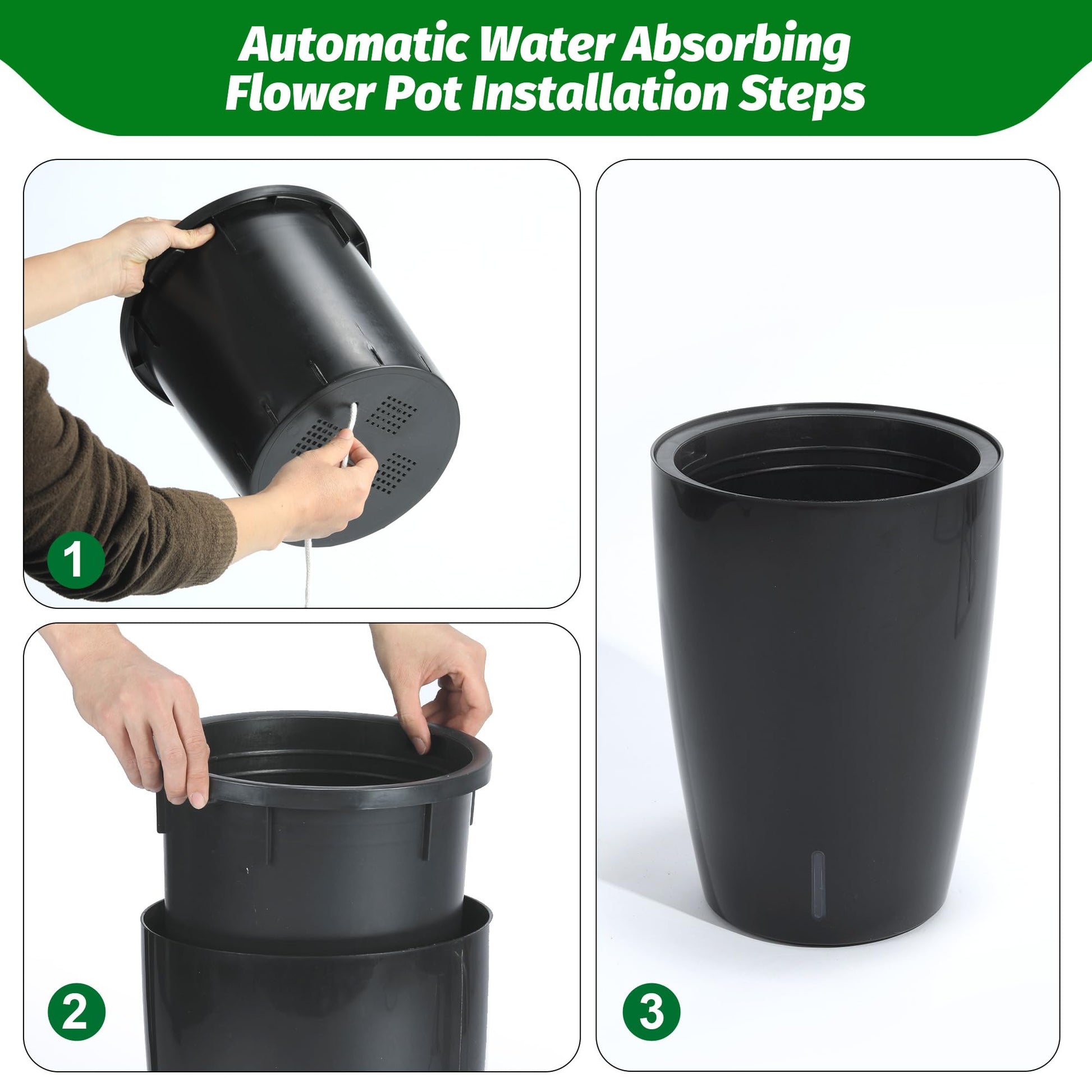 Set di fioriere autoirriganti Garvee alte 16" con indicatore del livello dell'acqua visibile per interni e patio, nere, robuste e ventilate
