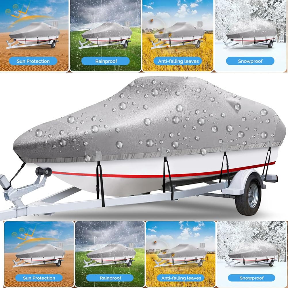 Garvee Boat Cover 17' 420D Oxford impermeabile con cinghie regolabili rinforzate per pesca e tempo libero argento
