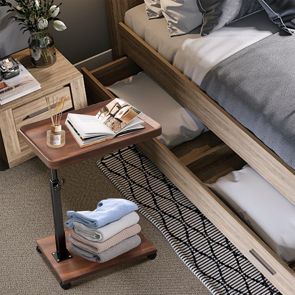 Tavolino laterale Garvee a forma di C, altezza regolabile con ruote, per soggiorno e camera da letto, legno e metallo, pieghevole, salvaspazio