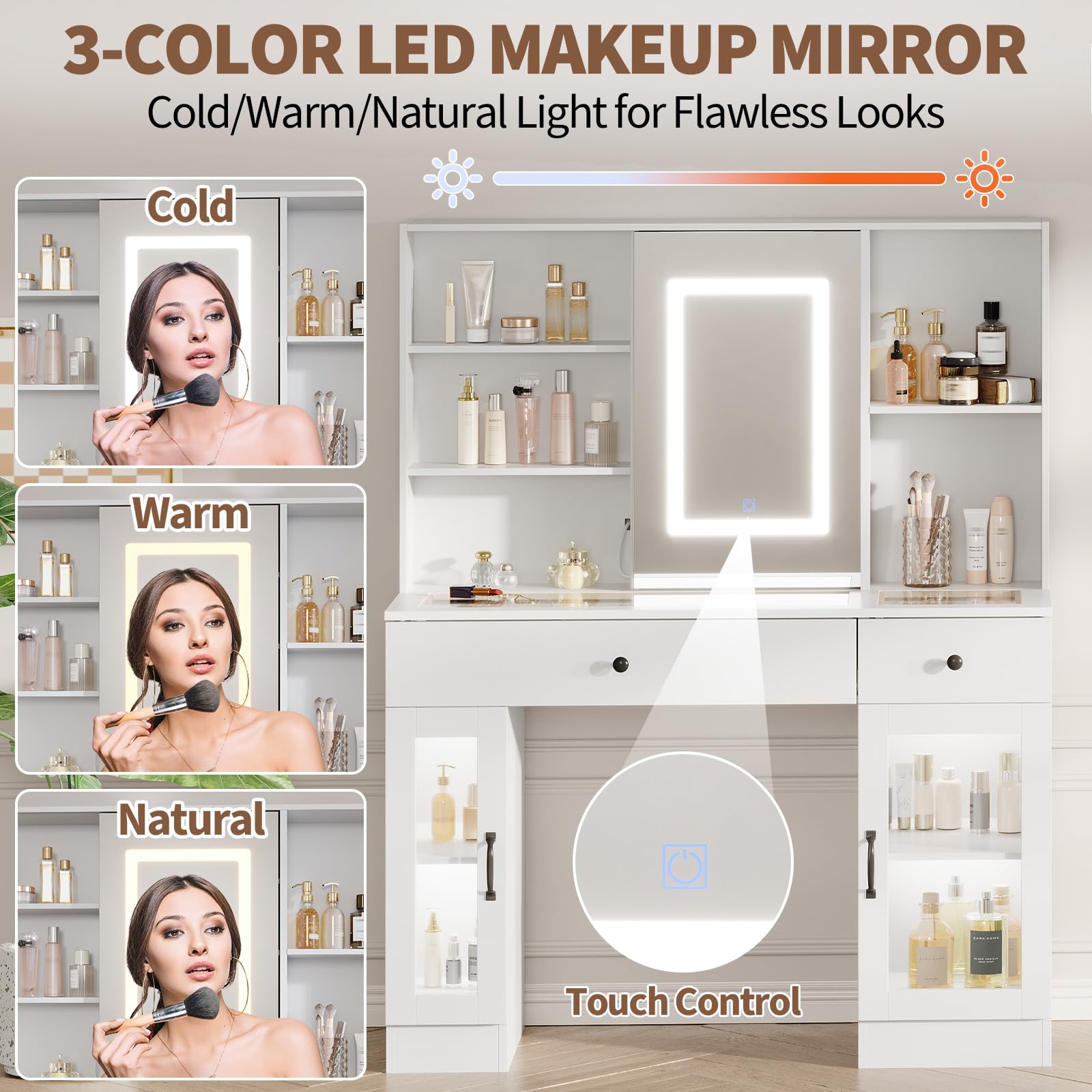 Tavolo da toeletta Garvee con specchio a LED, prese e spazio per camera da letto, bianco, illuminazione a 3 colori, 2 cassetti e 2 armadietti