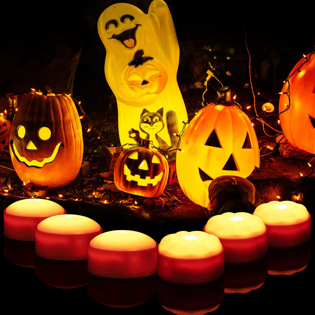 Luci a LED Garvee senza fiamma per zucca con telecomando, timer e dimmer, set da 6 per uso interno ed esterno di Halloween, a batteria, arancione