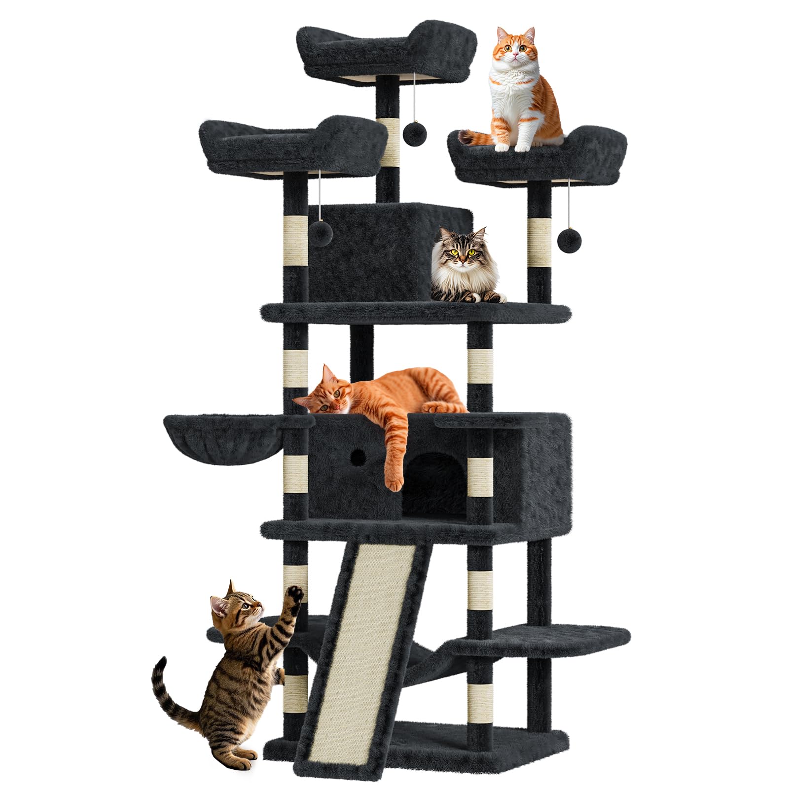 Albero per gatti Garvee Large Multi-Level da 68,5 pollici per gatti di grandi dimensioni da 20 libbre in su con tiragraffi in sisal, amache, cestino, grigio scuro, per interni