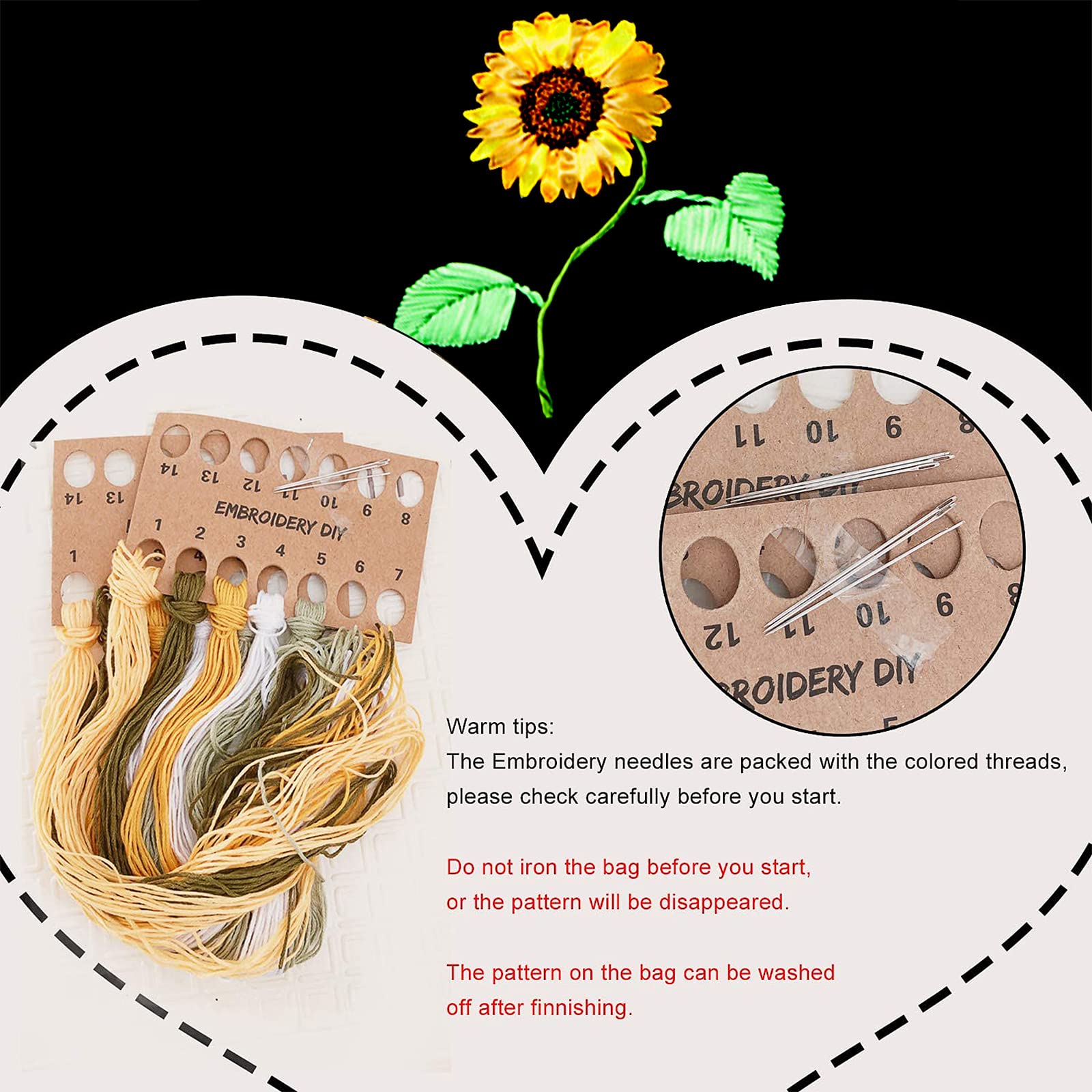 Garvee Set Ricamo Fai-da-Te Per Principianti Adulti Con Tela Nera, Telaio 20cm, Motivo Floreale Colorato, Borsa Canvas, Regalo Creativo
