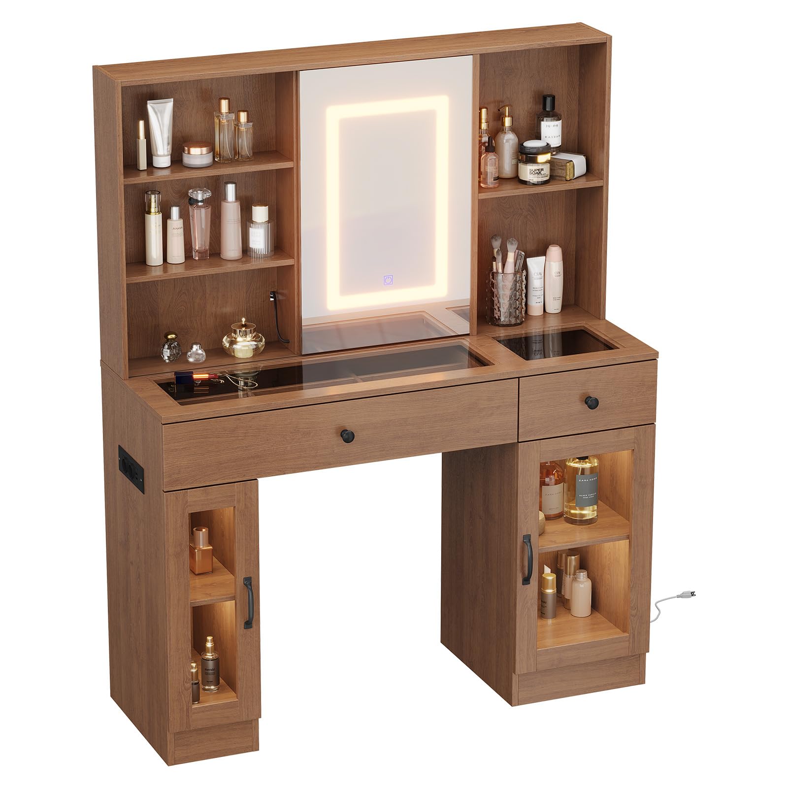 Toeletta Garvee con specchio LED, prese e spazio di archiviazione per la camera da letto, color legno, illuminazione a 3 colori, 2 cassetti e 2 armadietti