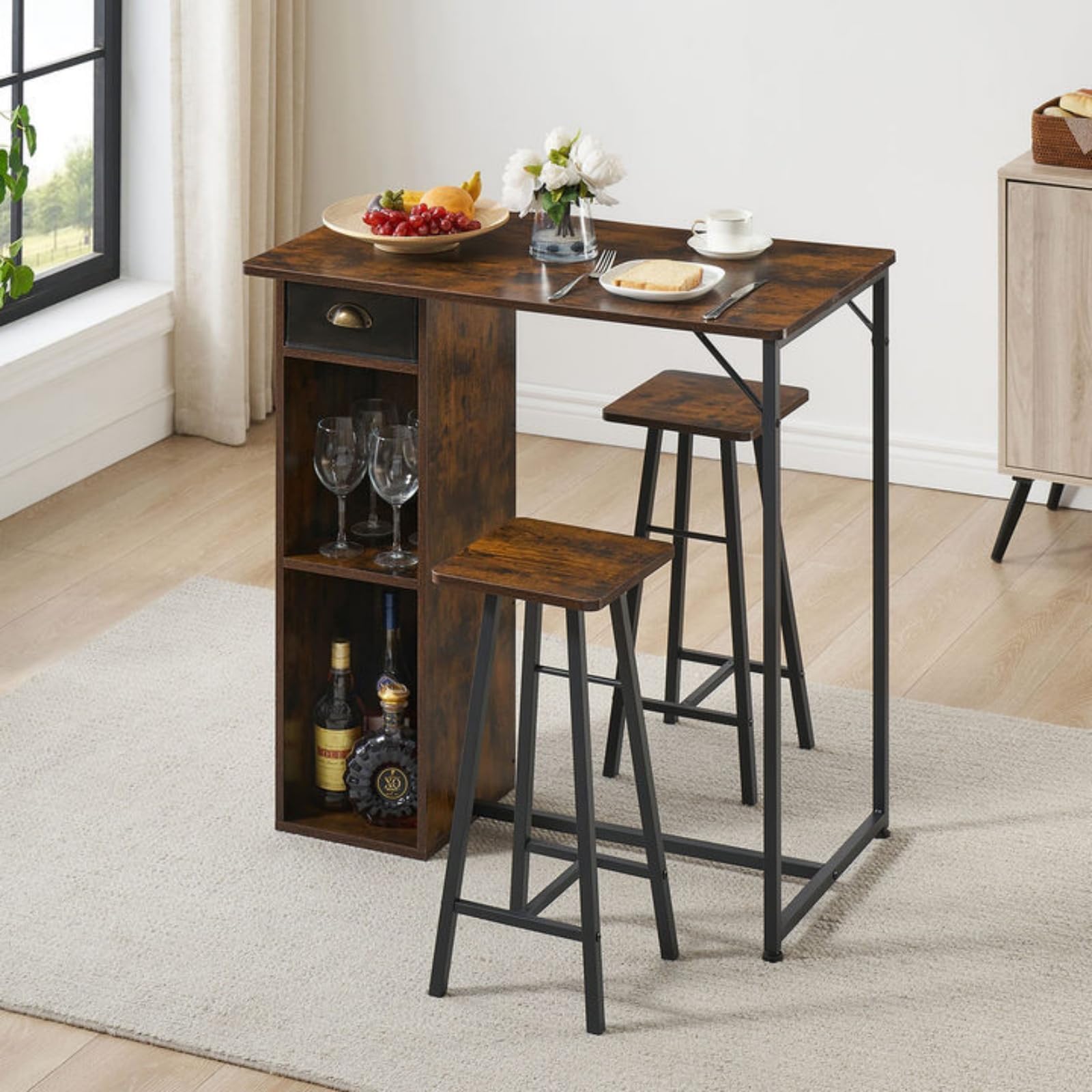 Set tavolo e sedie da bar Garvee con triplo spazio di archiviazione, set da bistrot per 2 persone, robusta struttura in ferro, piano in MDF, cuscini ergonomici, compatto per cucina e bistrot