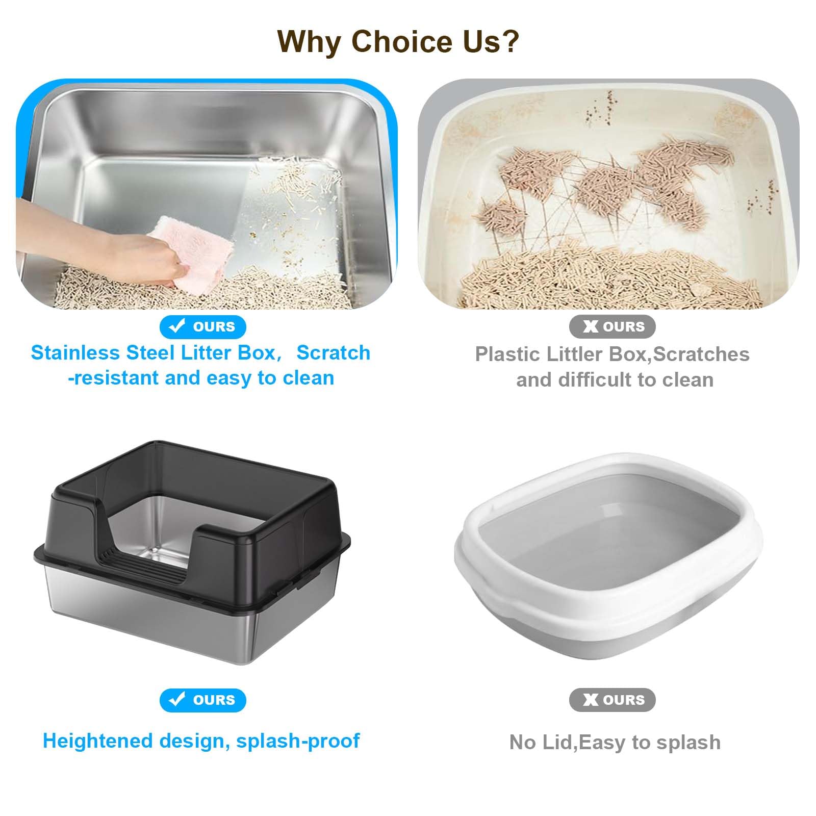 Lettiera per gatti Garvee in acciaio inox con tappetino antiscivolo e paletta per uso domestico, antigraffio, inodore, chiusura sicura, facile da pulire