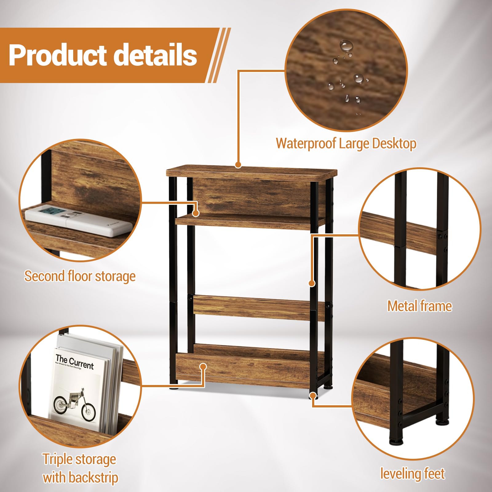 Tavolino laterale stretto Garvee, 3 ripiani con portariviste, in legno MDF, robusto e salvaspazio, marrone, per soggiorno e camera da letto, 18,11x7,87x25,2 pollici