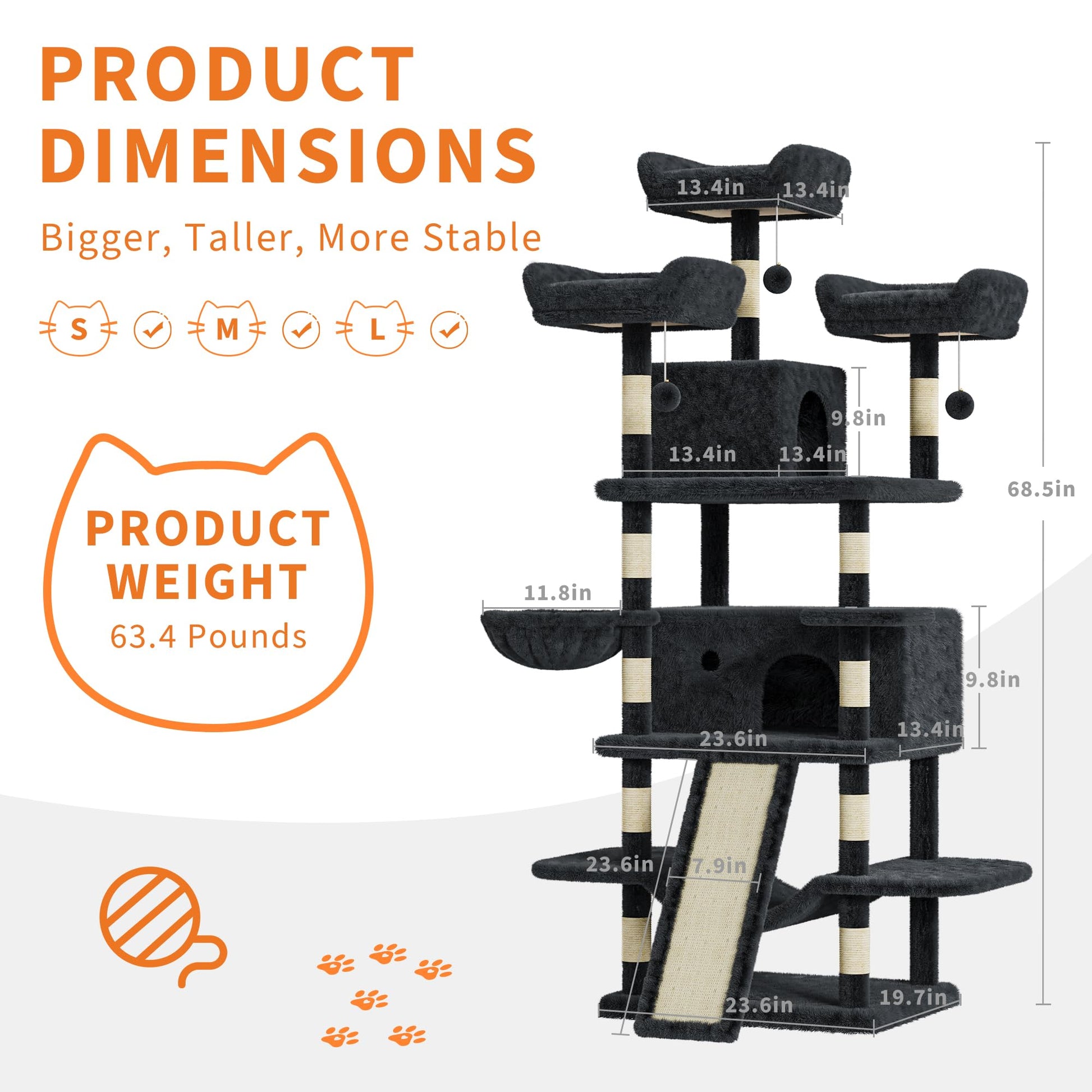 Albero per gatti Garvee Large Multi-Level da 68,5 pollici per gatti di grandi dimensioni da 20 libbre in su con tiragraffi in sisal, amache, cestino, grigio scuro, per interni