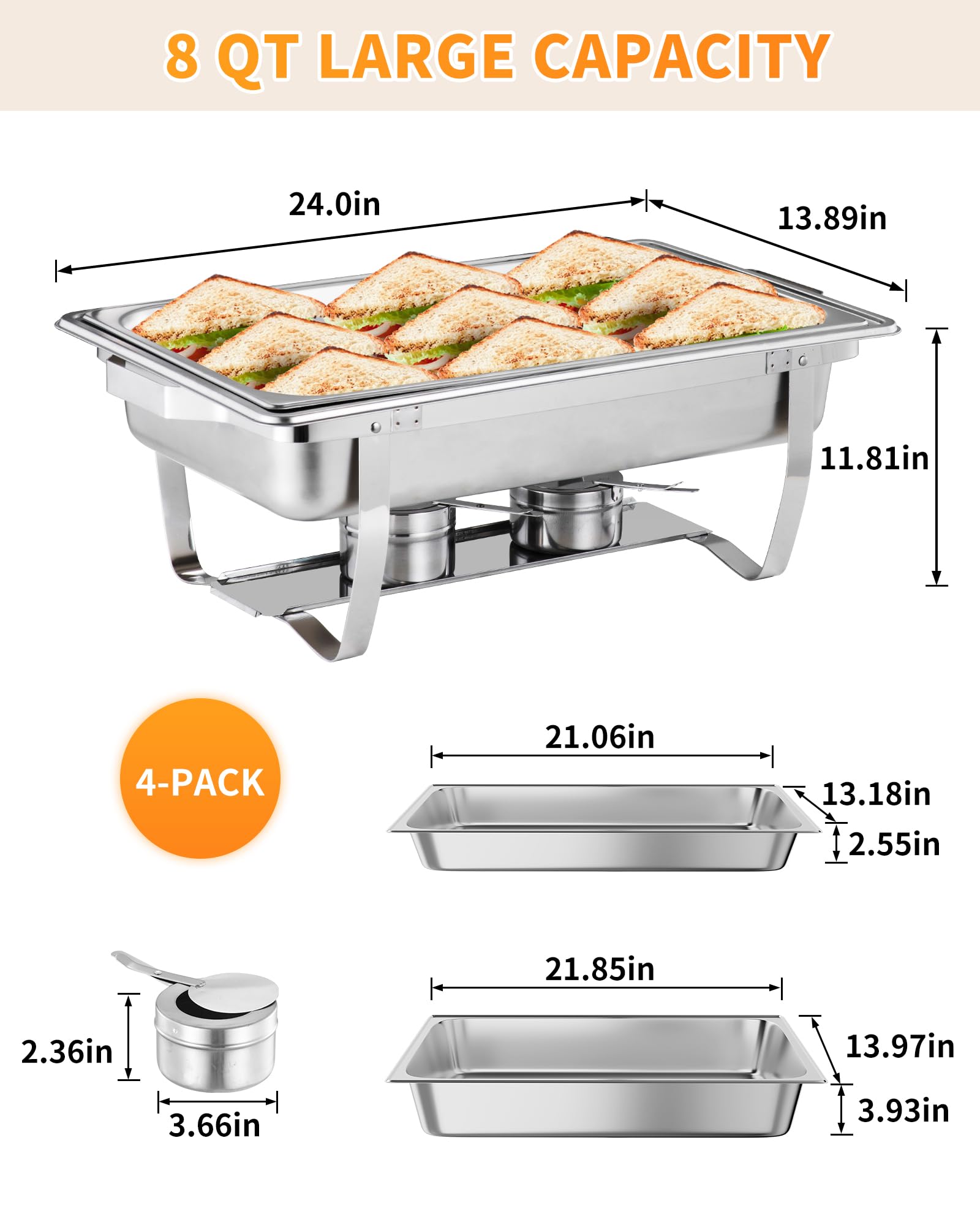 Garvee Chafing Dish Buffet Set 4x8Qt Acciaio Inox Antiruggine Funzione di Riscaldamento Telaio Pieghevole per Matrimoni e Banchetti Argento