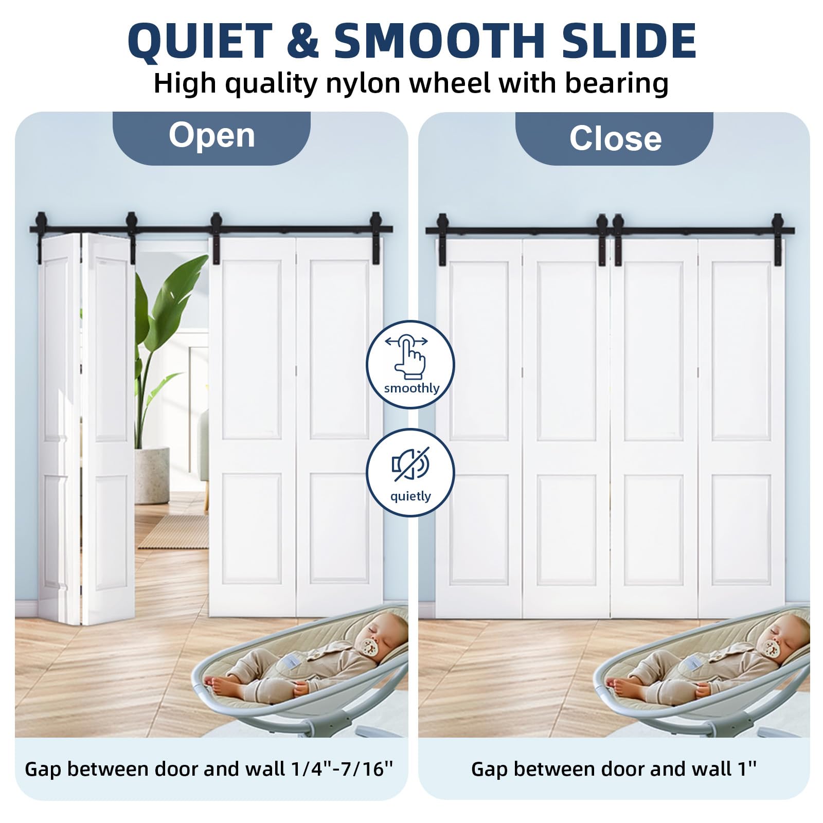 Set di ferramenta per porte scorrevoli pieghevoli Garvee da 52" per 4 porte, acciaio resistente, silenzioso e scorrevole, salvaspazio, porte da 12", nero, soggiorno e sala da pranzo