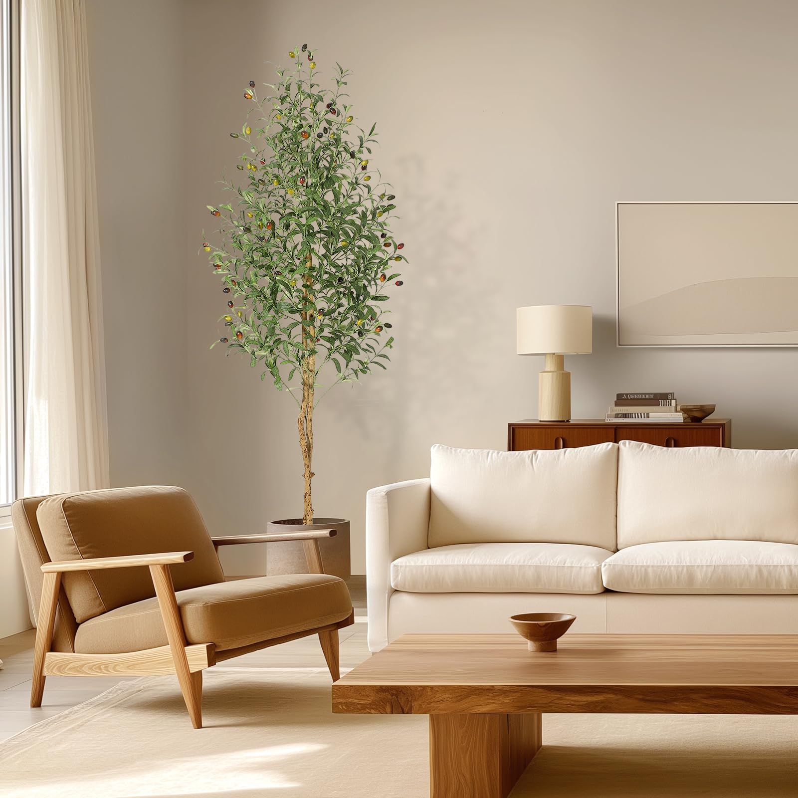 Albero di ulivo artificiale Garvee da 6 piedi con 2 tronchi di legno, vaso in cemento bianco per soggiorno e ufficio, facile da curare