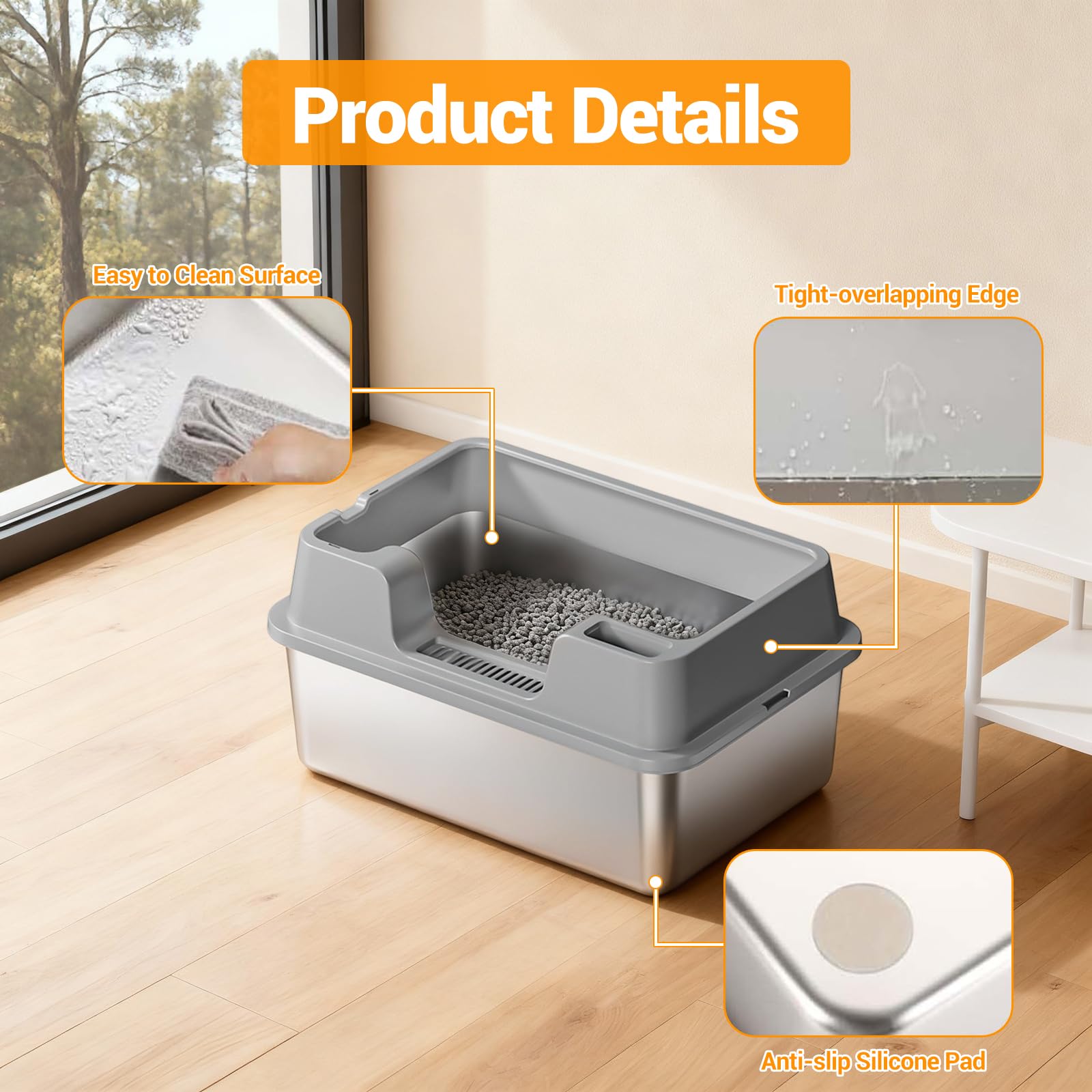 Garvee, grande lettiera per gatti in acciaio inox da 36 litri, semi-chiusa, con tappetino antiscivolo e paletta per lettiera, per famiglie con più gatti, 60x40x27 cm, grigio