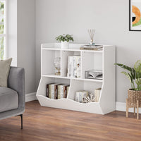 Libreria portagiochi per bambini Garvee con 3 scomparti aperti e 2 contenitori basculanti per camera da letto e sala giochi, in legno, 36x11x31 cm, colore legno naturale