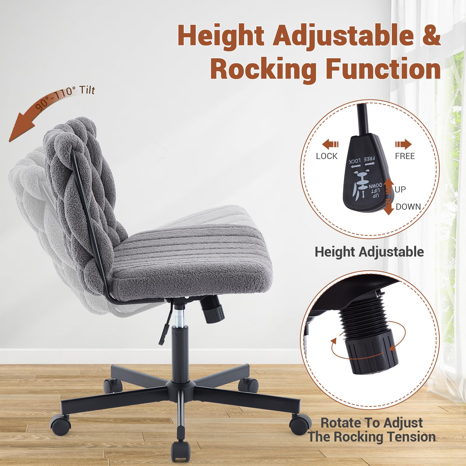 Sedia da ufficio Garvee Criss Cross con rotelle, seduta ampia, girevole a 360°, struttura in metallo, senza braccioli, design moderno per ufficio domestico e toeletta, 26 pollici, nero