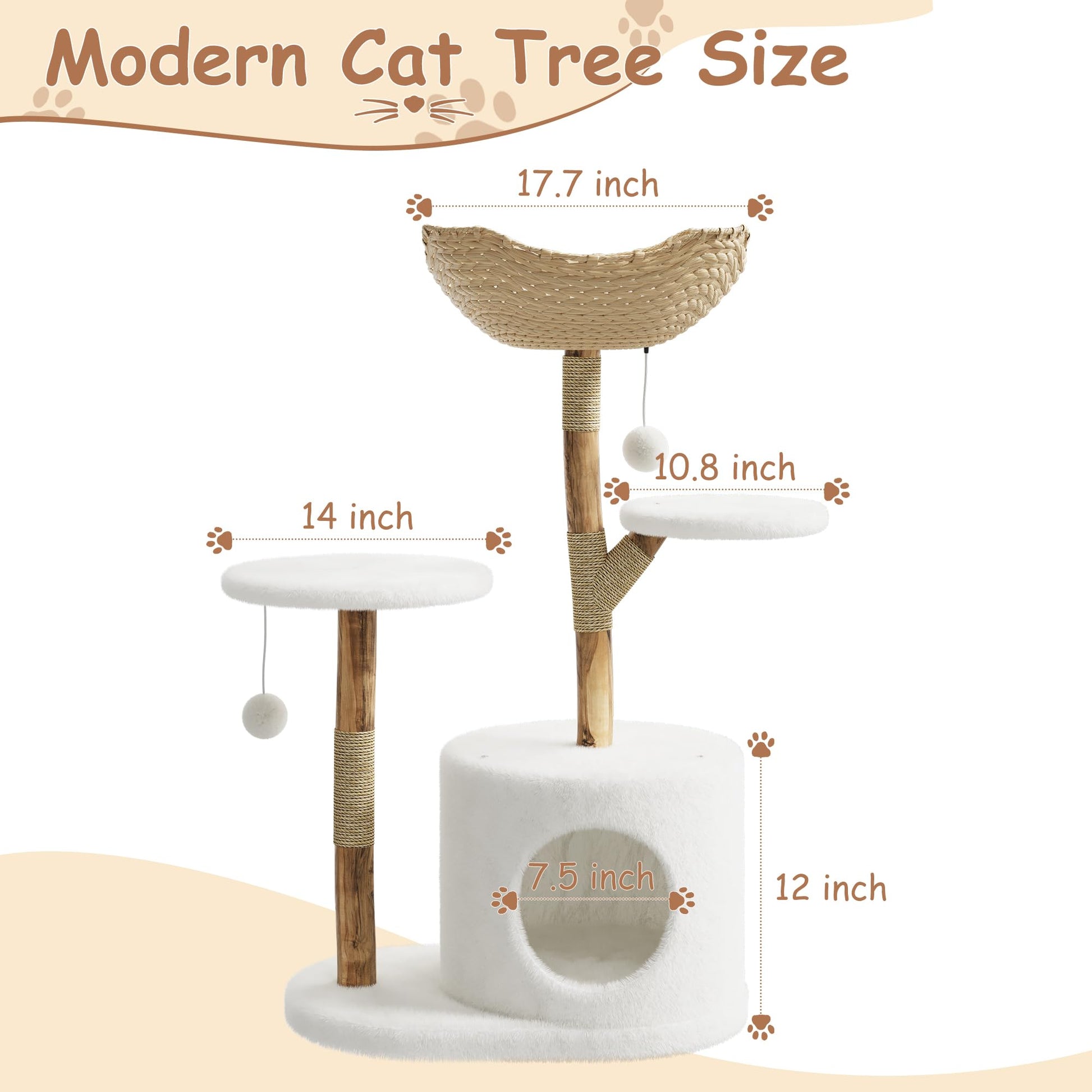 Tiragraffi in legno naturale Garvee da 43'' con cesto in rattan per soggiorno, stabile per gatti di grandi dimensioni, design moderno, morbido peluche