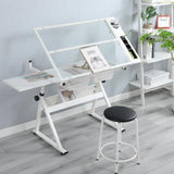 Garvee Scrivania da Disegno Regolabile con Sgabello, Piano Inclinabile in Vetro, Telaio in Acciaio, Cassetti per Artisti, Bianco, Casa e Ufficio, 80-125,7 cm - Bianco