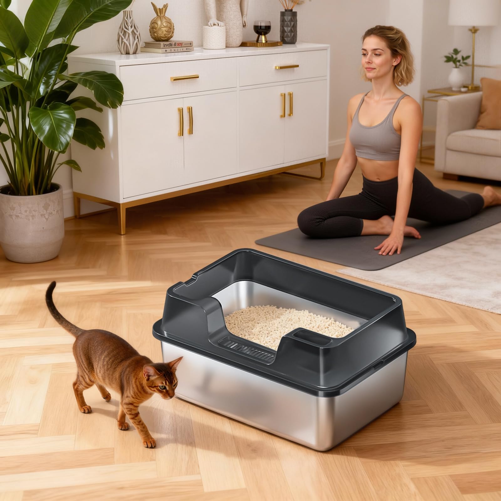 Lettiera per gatti Garvee in acciaio inox di grandi dimensioni, 34 l, semi-chiusa, con tappetino antiscivolo, per famiglie con più gatti, 60 x 40 x 22 cm, nera