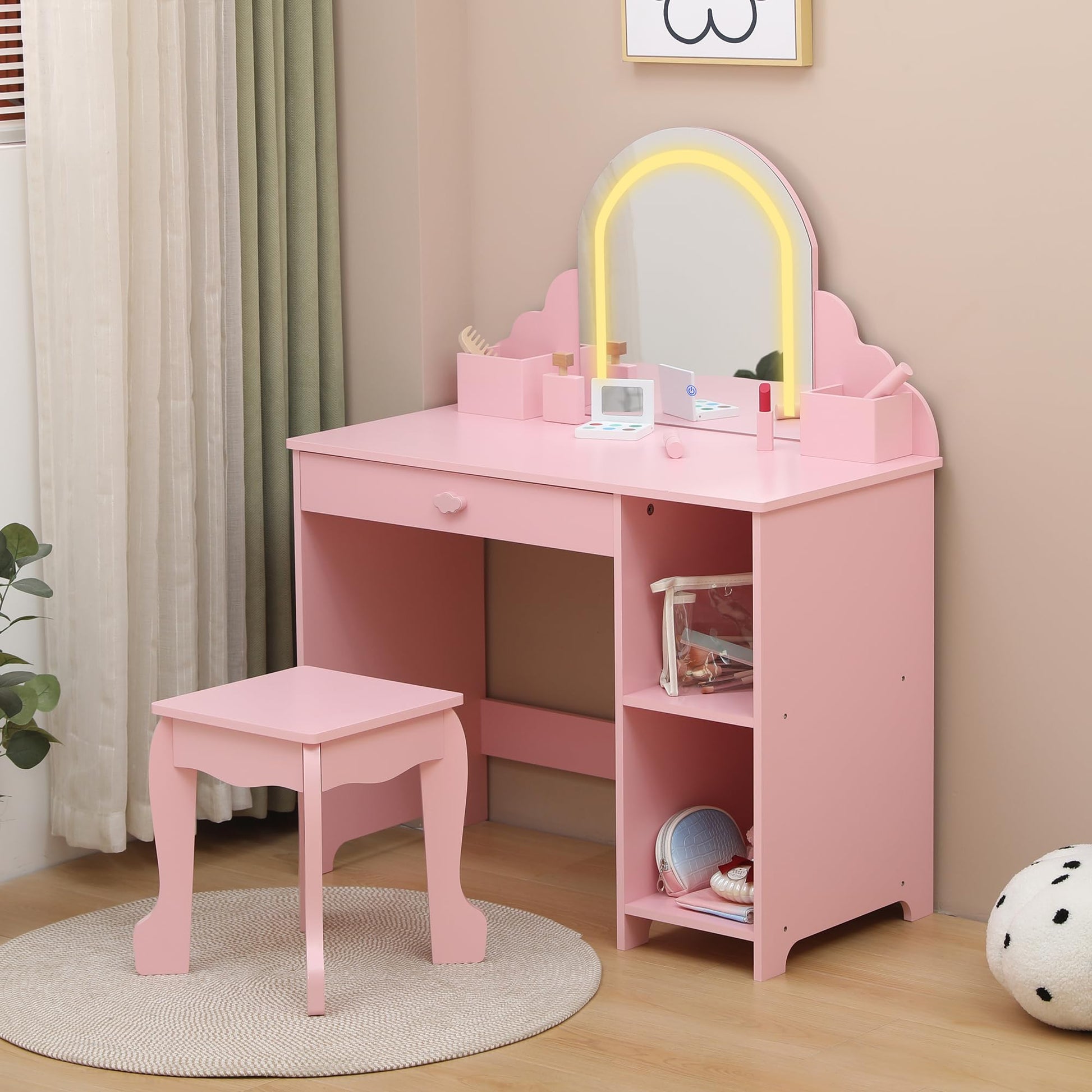 Garvee Kids Vanity con specchio illuminato 2 in 1, toletta e sgabello per bambine dai 3 ai 9 anni, camera da letto, sala giochi, bianco