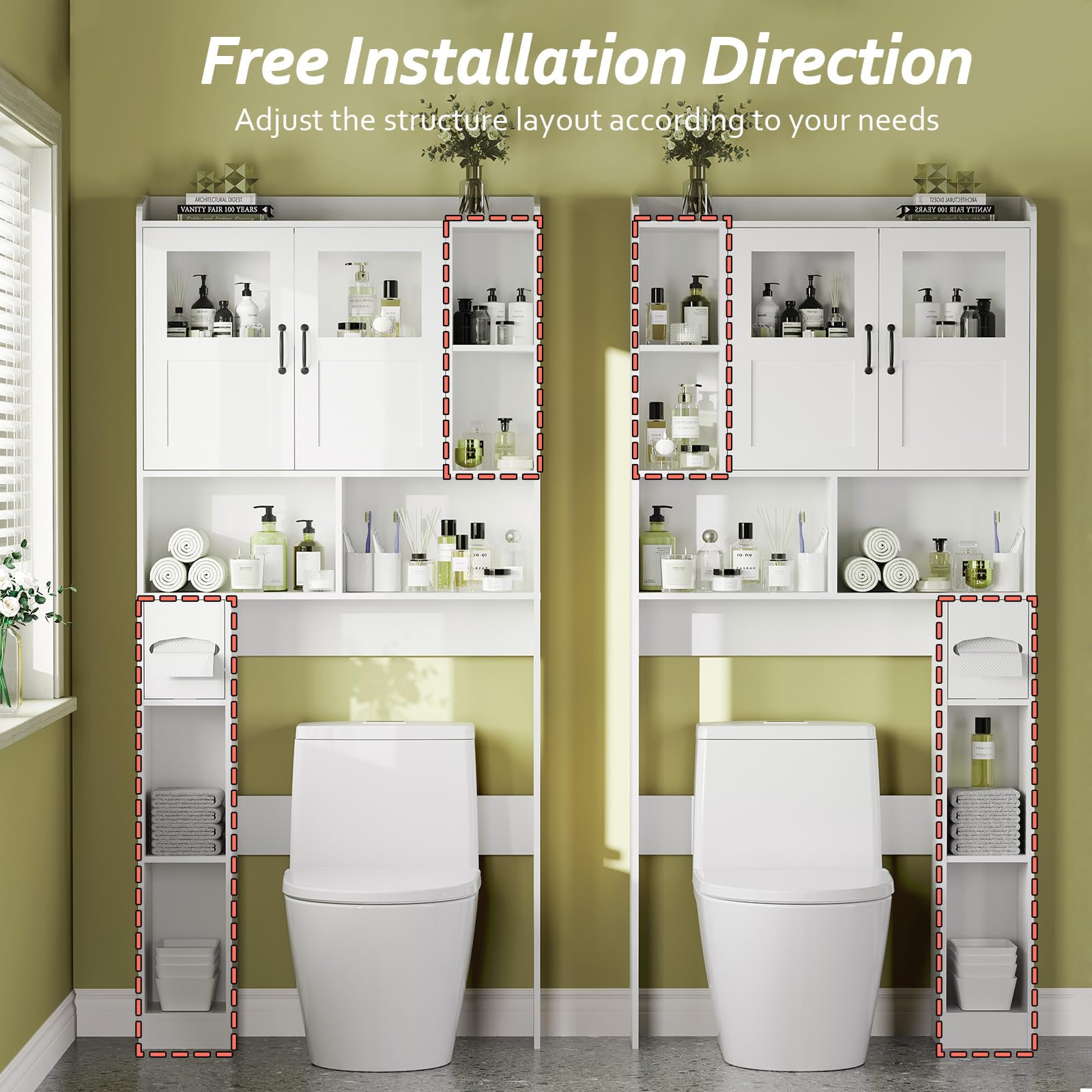 Mobiletto portaoggetti sopra il WC Garvee con ripiani regolabili e anta in vetro per bagno e lavanderia, marrone