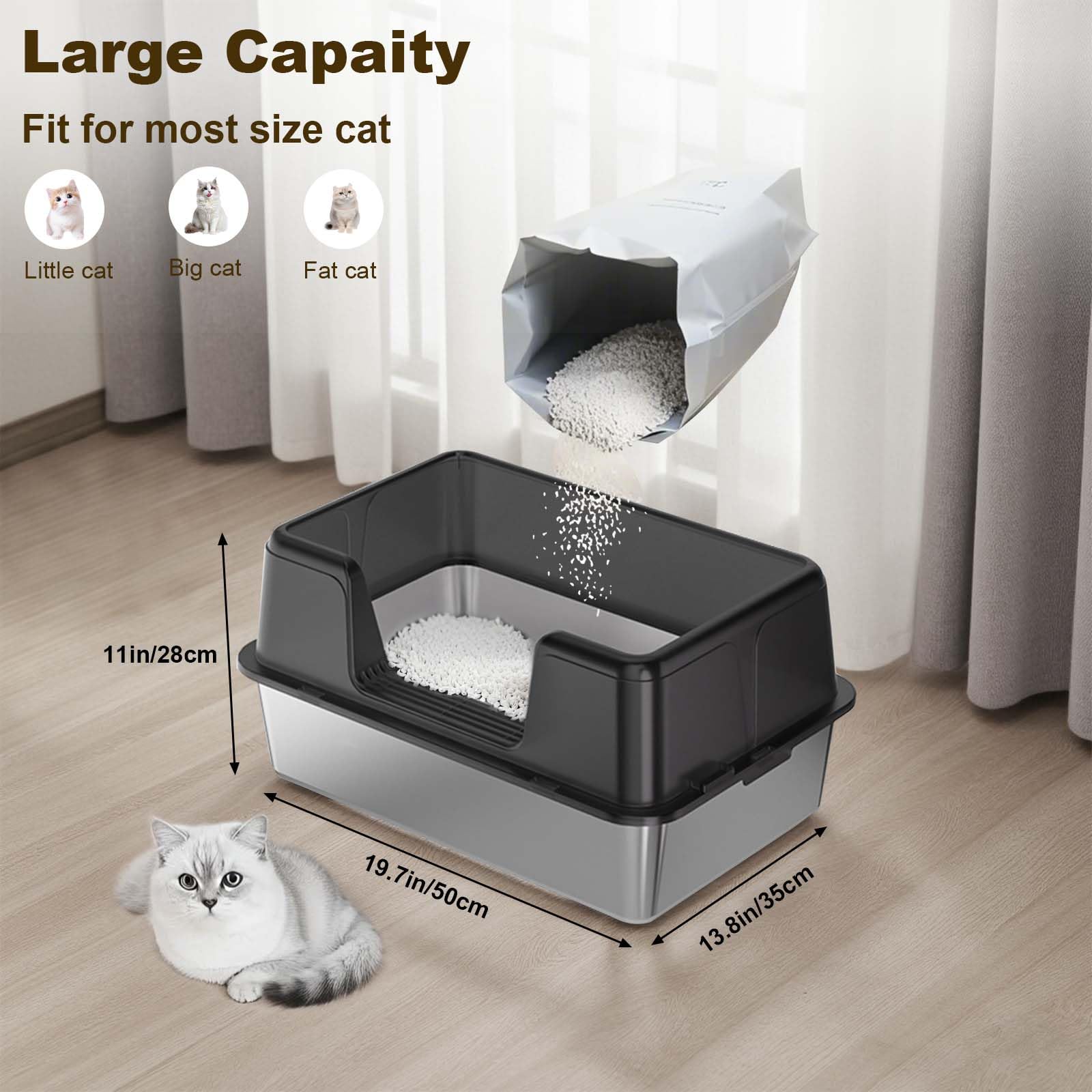 Lettiera per gatti Garvee in acciaio inox con coperchio, extra large, bordi alti, antigraffio, per uso domestico, con tappetino antiscivolo e paletta