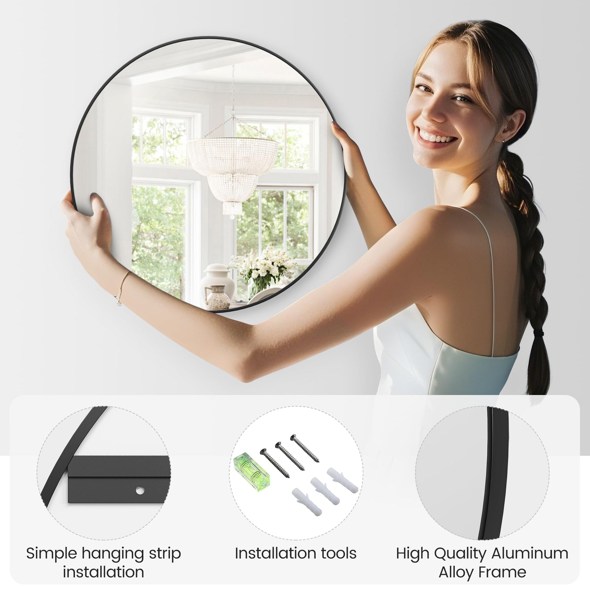 Specchio da parete rotondo nero Garvee da 30 pollici con cornice in metallo, moderno, antiruggine e antipolvere, per bagno, soggiorno, camera da letto