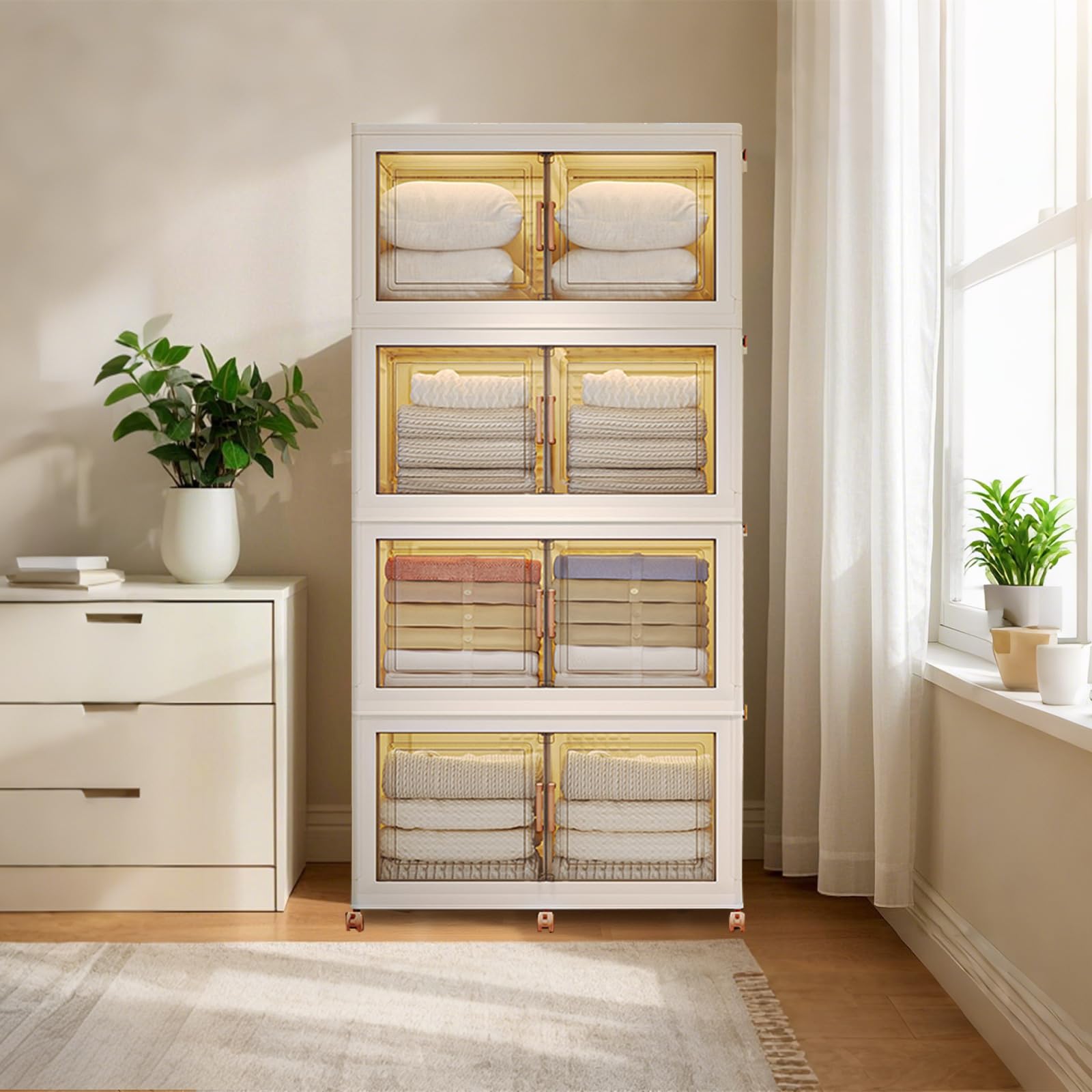 Contenitori impilabili in plastica Garvee, set da 4, 144 QT, con ante e ruote, trasparenti, per camera da letto e garage