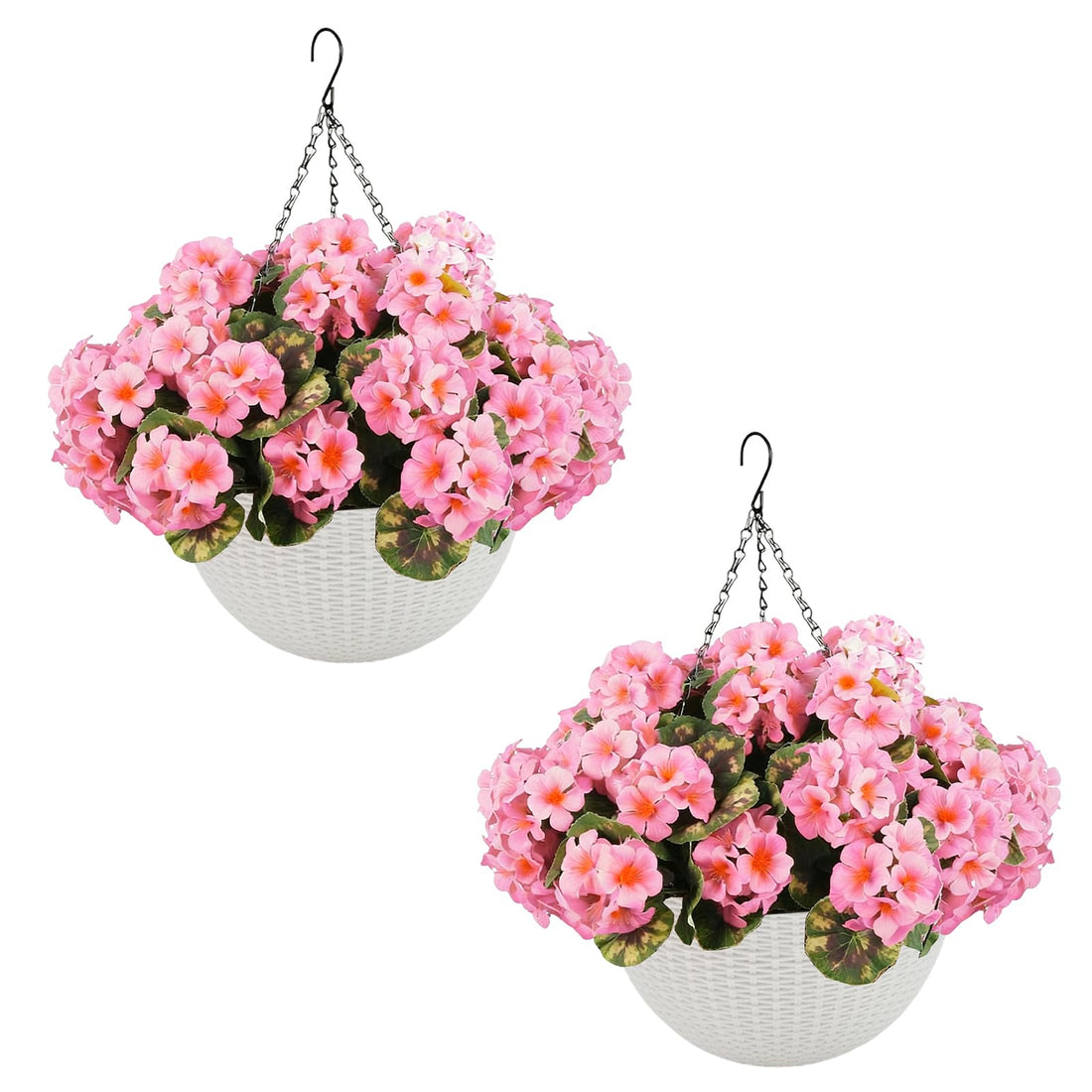 Garvee Set di 2 fiori artificiali di geranio con 12 fiori rosa, resistenti alle intemperie, cestino bianco, da appendere per decorare il giardino e la terrazza