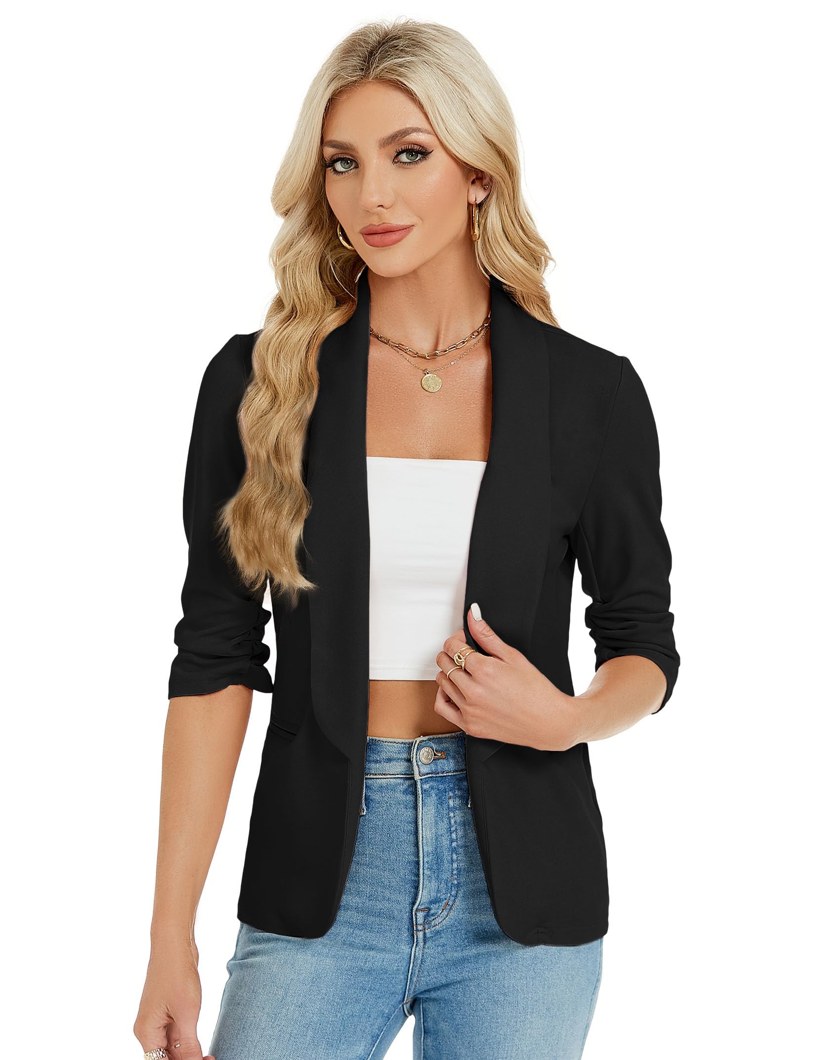 Blazer da donna Garvee, sportivo, elegante, aperto sul davanti, casual, giacca nera, taglia L, per primavera ed estate