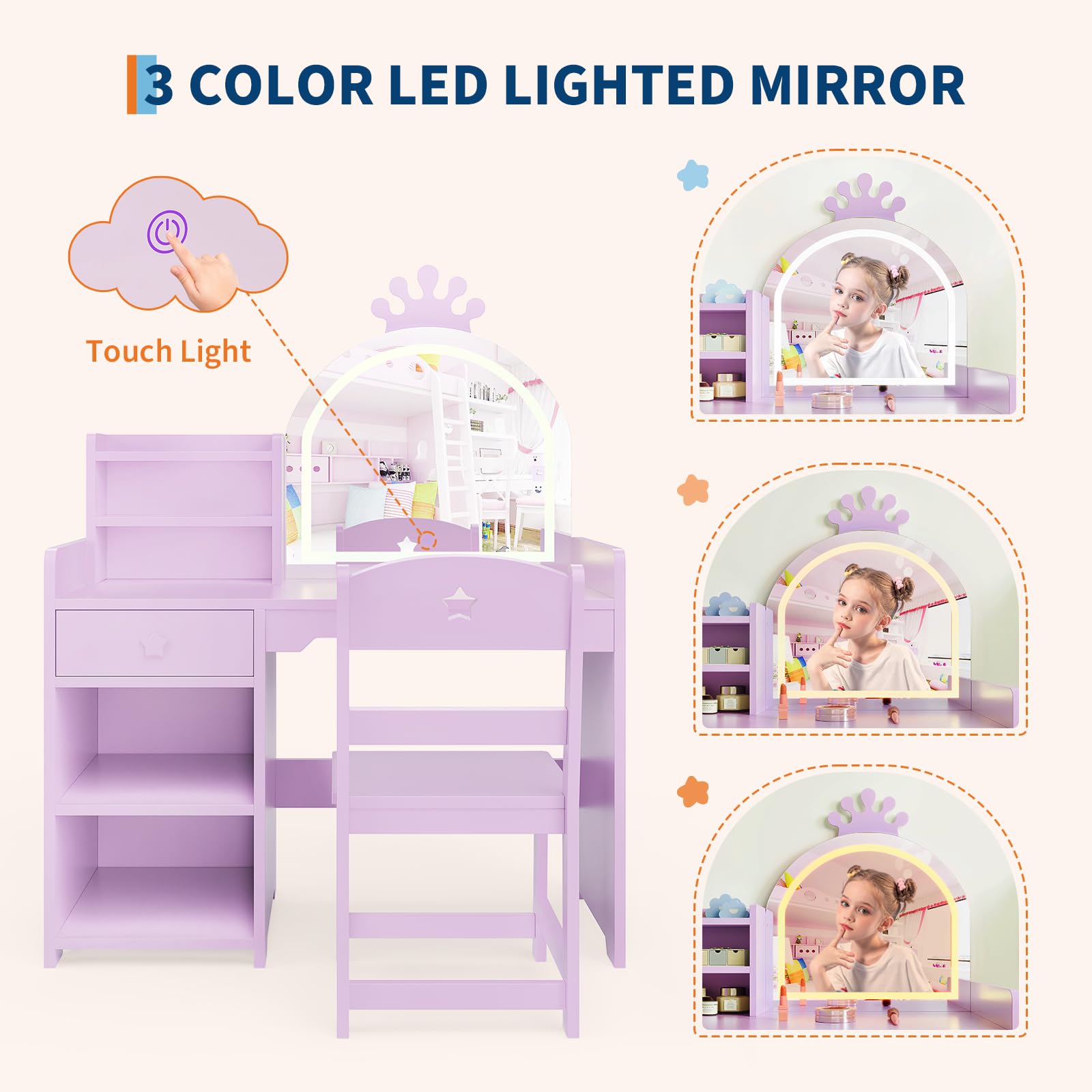 Tavolo da toeletta Garvee Kids con specchio a LED, set da toeletta 2 in 1 per principesse, in legno, con mensola e design sicuro per la cameretta delle bambine, bianco, compatto