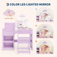 Tavolo da toeletta Garvee Kids con specchio a LED, set da toeletta 2 in 1 per principesse, in legno, con mensola e design sicuro per la cameretta delle bambine, bianco, compatto