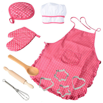 Garvee Set da cucina e pasticceria per bambini da 11 persone con grembiule regolabile, cappello da chef, accessori senza BPA per bambini del ruolo e feste di compleanno, cotone lavabile