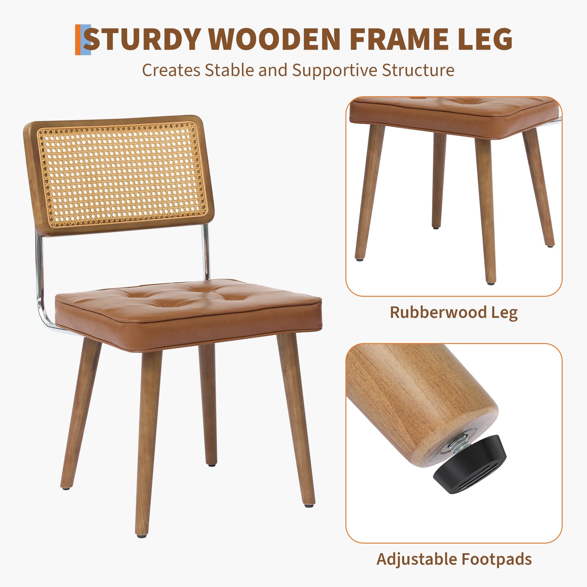 Set di 2 sedie da pranzo Garvee Mid Century in rattan con schienale intrecciato a mano, seduta imbottita, struttura in legno, pelle PU marrone, per cucina e sala da pranzo