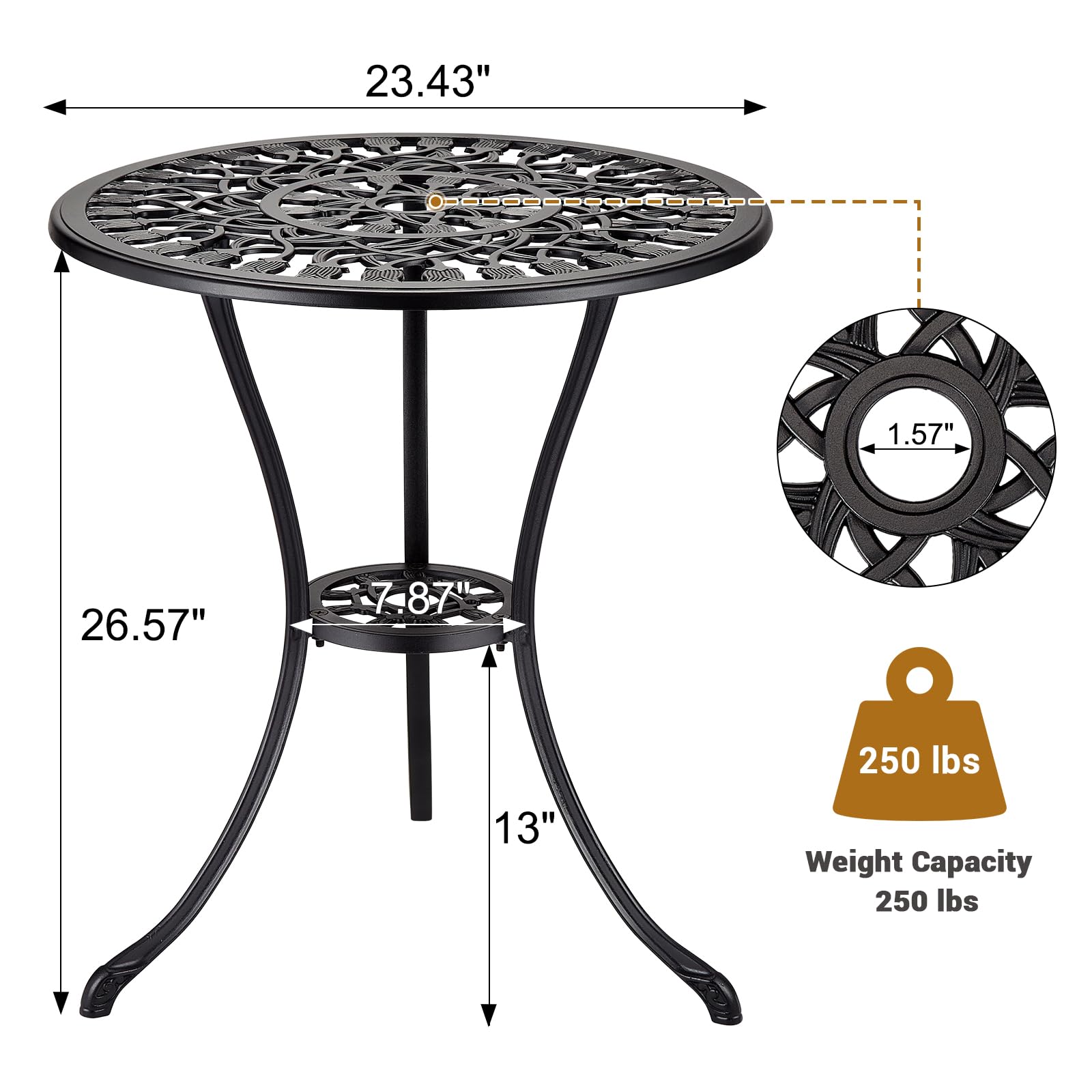 Tavolo da bistrot da esterno Garvee da 24" in ghisa rotonda con foro per ombrellone da 2" per balcone e giardino, nero
