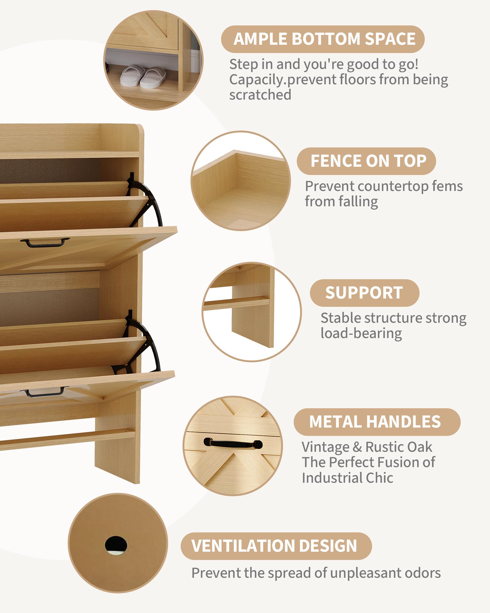 Garvee Scarpiera con 2 cassetti pieghevoli, marrone rustico, per corridoio e ingresso, resistente, salvaspazio, in legno