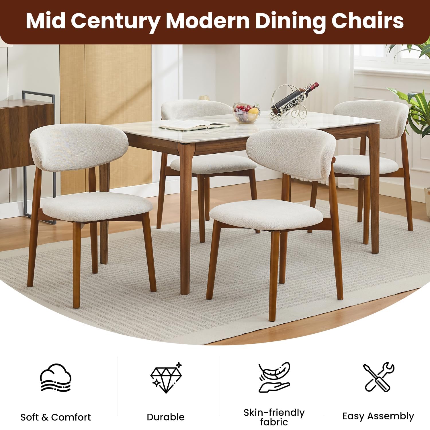 Set di 2 sedie da pranzo in legno Garvee, stile moderno di metà secolo, imbottite, per cucina e sala da pranzo, beige, salvaspazio